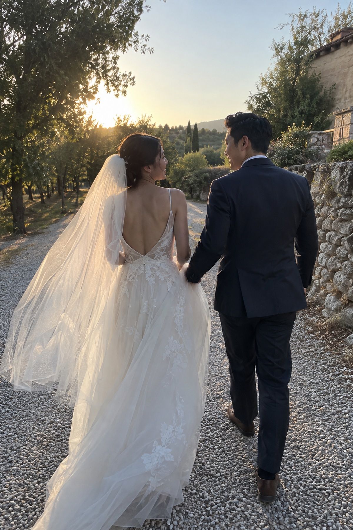 Backlight outlines a bride's veil and dress during a relaxed July wedding walk.