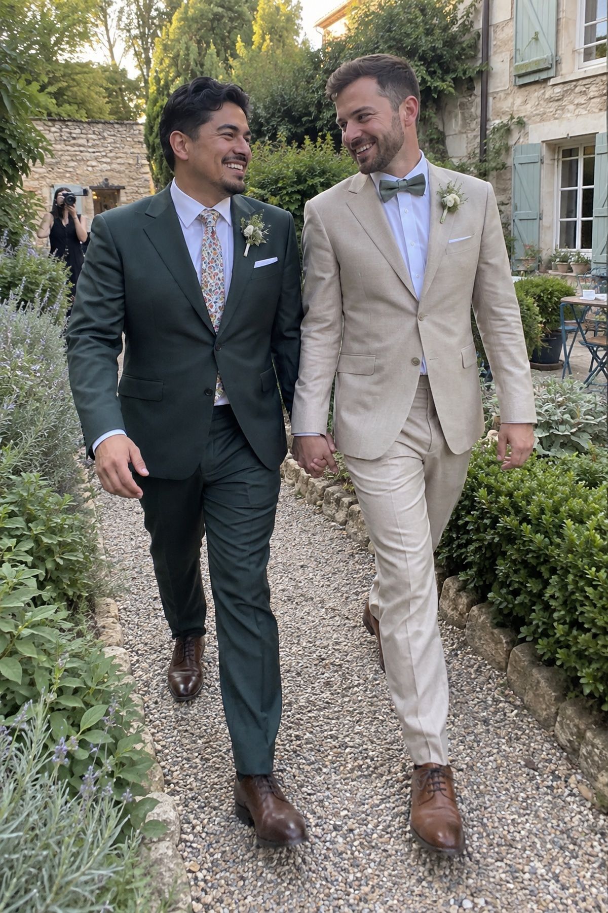 Two grooms walk naturally along a garden path for relaxed July wedding portraits.
