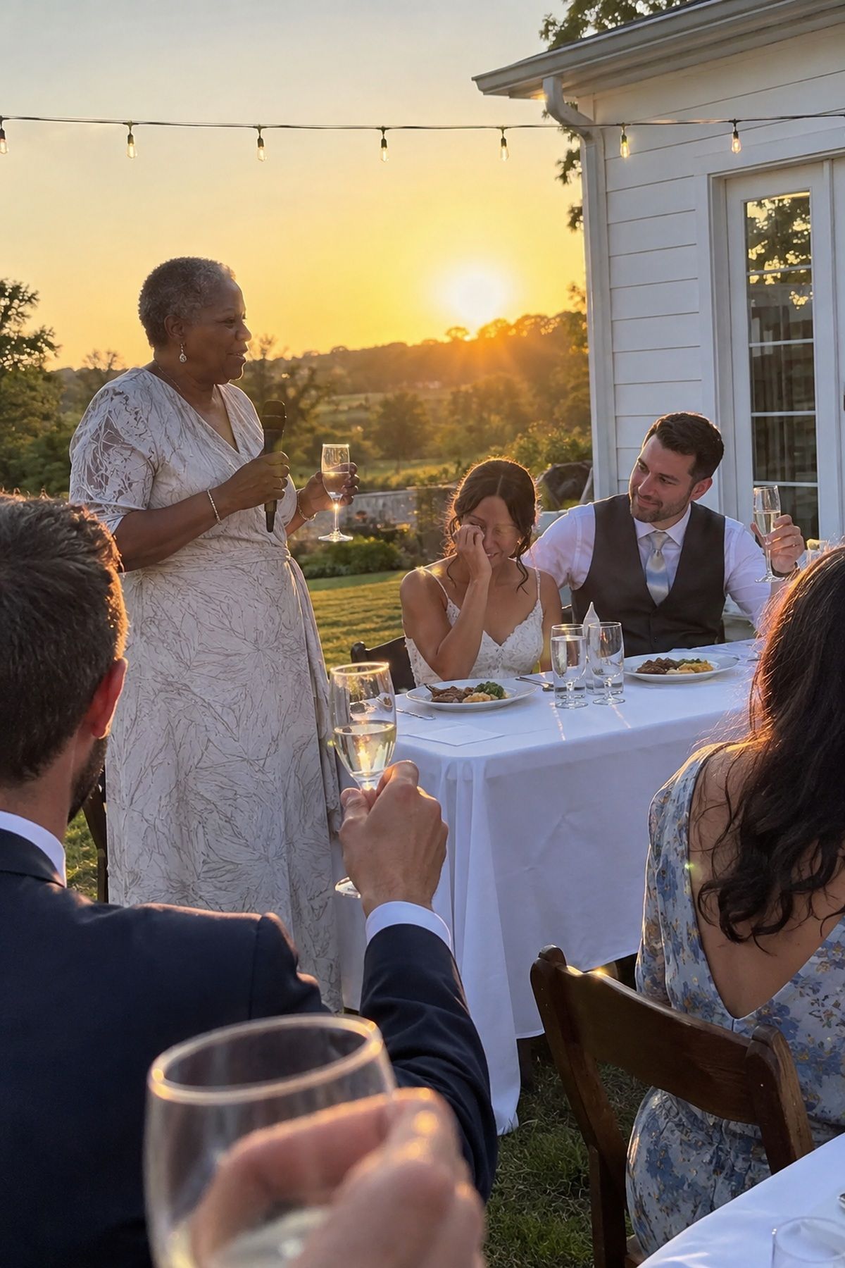A heartfelt head-table toast unfolds in warm sunset light at a July wedding.