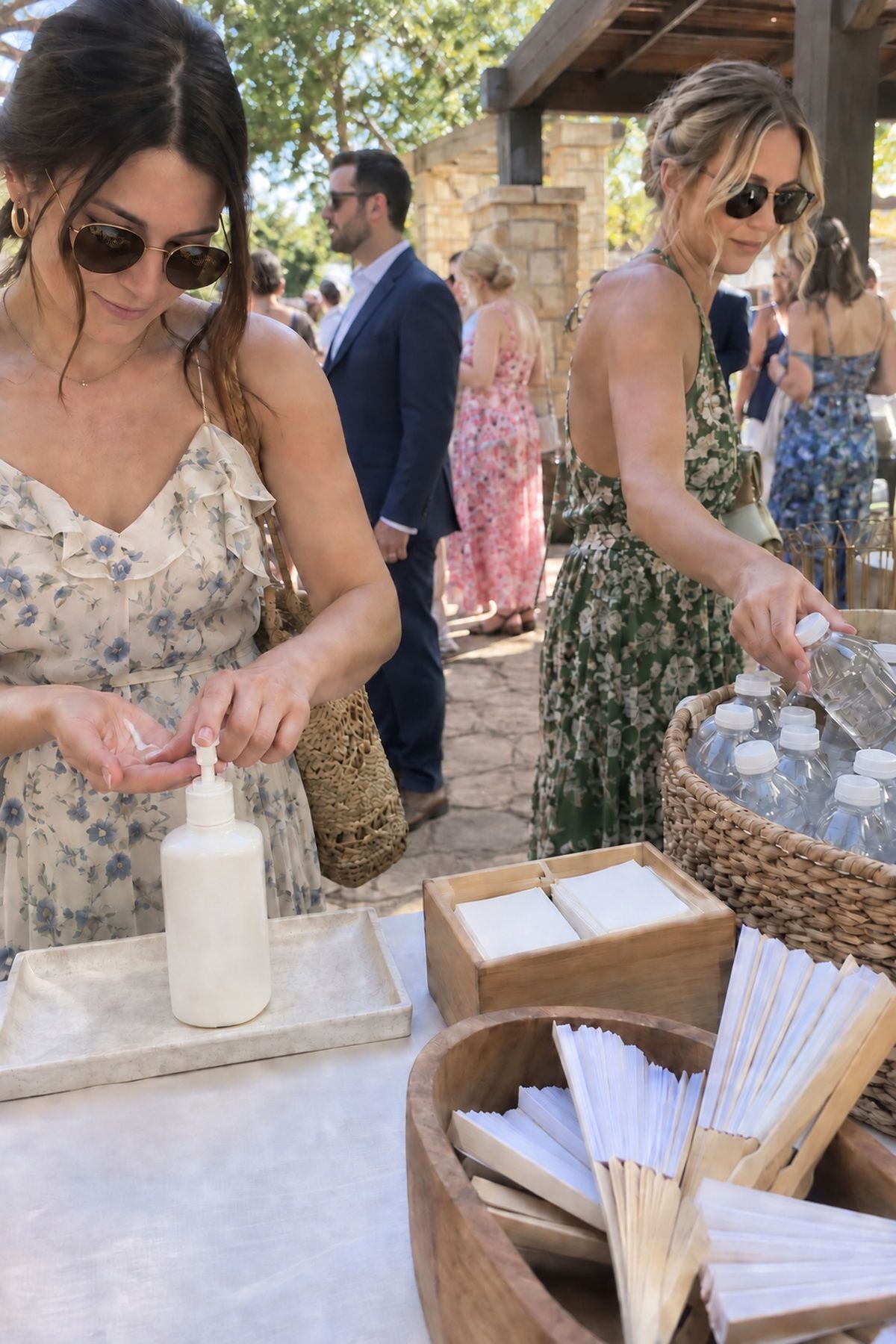 Guests use an unbranded sunscreen and water station at a July wedding arrival.
