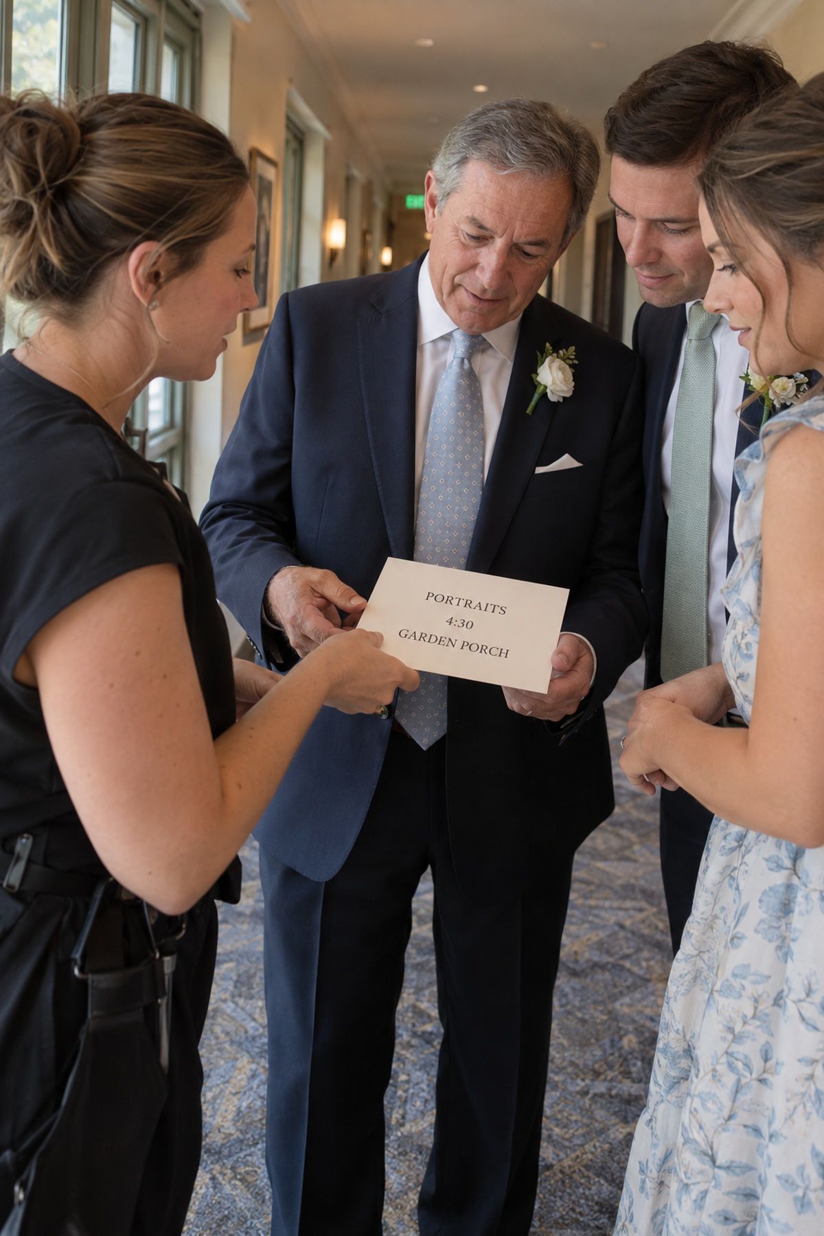 A coordinator shares a clear portrait timeline card with key family members.