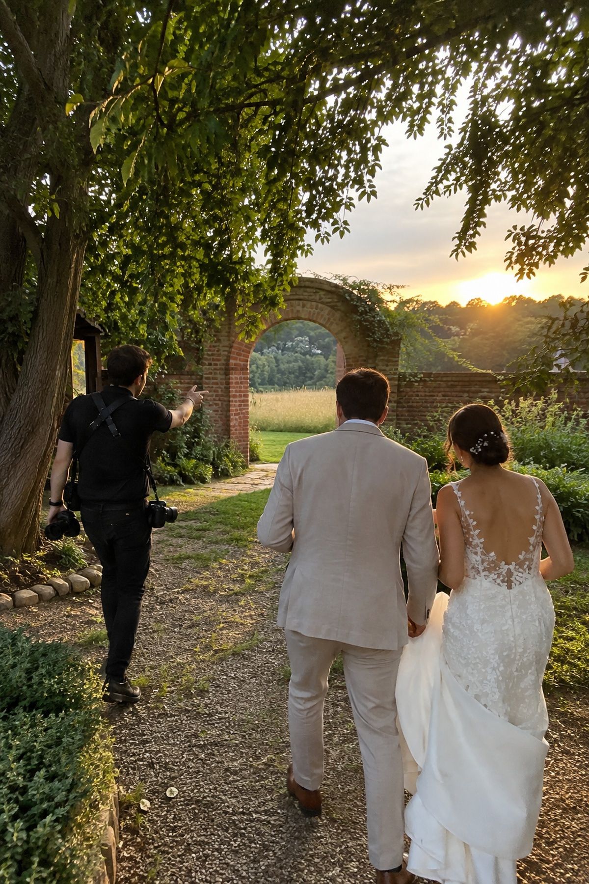 A photographer guides a couple between three efficient July wedding portrait locations.