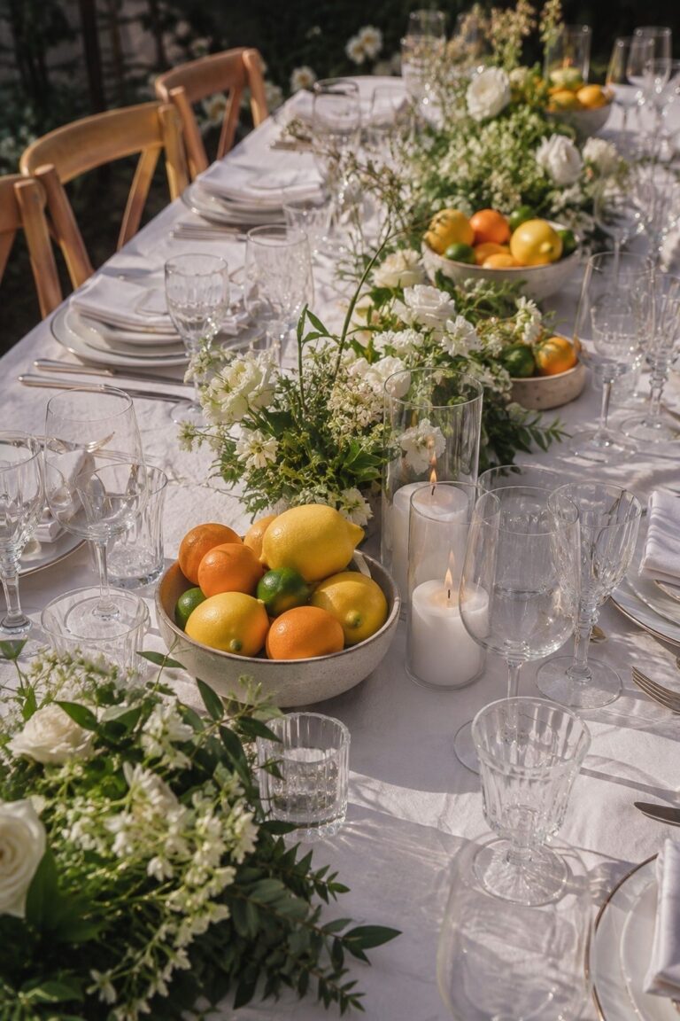 Citrus Bowls With White Flowers for a July wedding tablescape