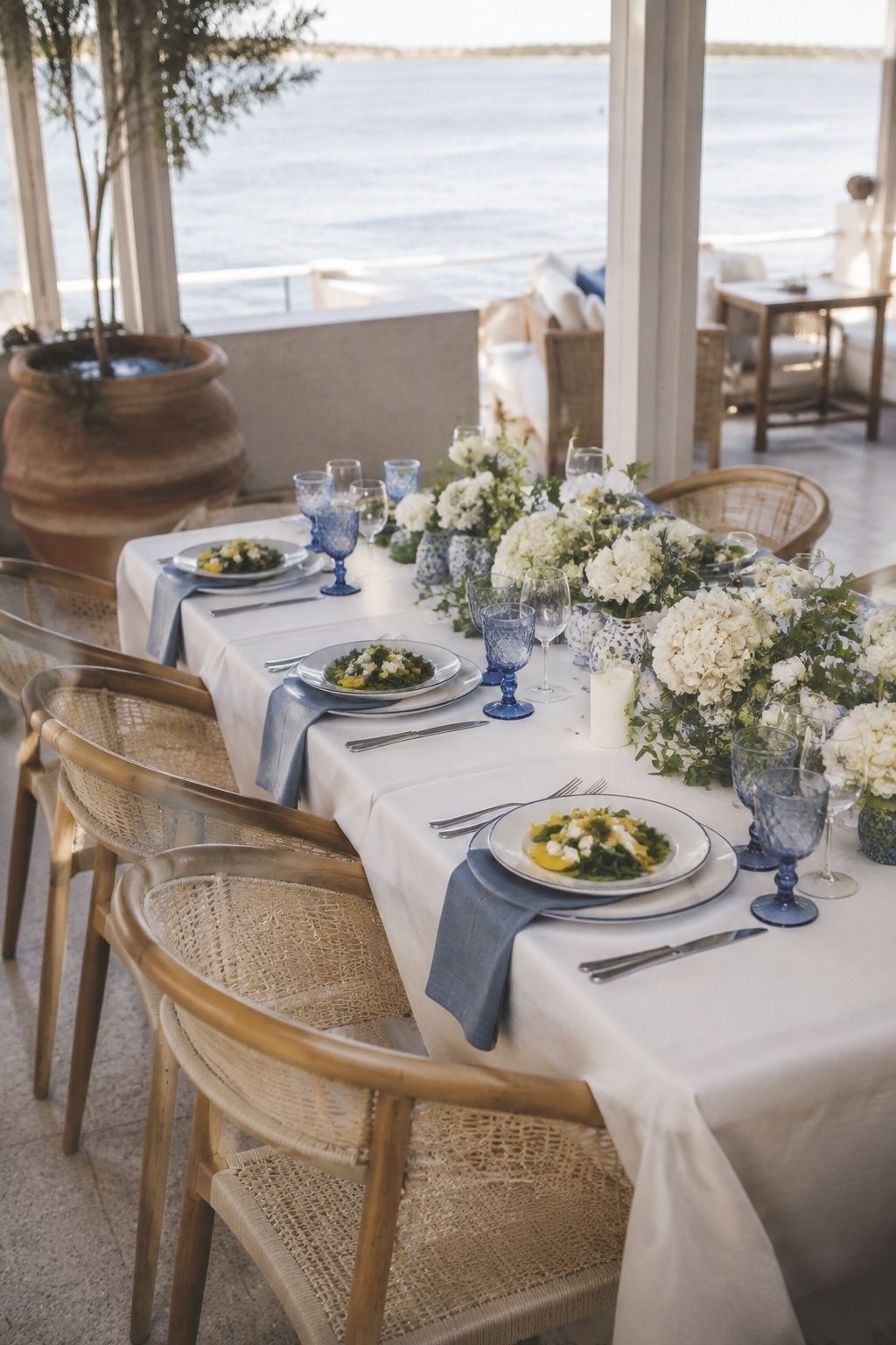 Coastal blue dinner party wedding theme
