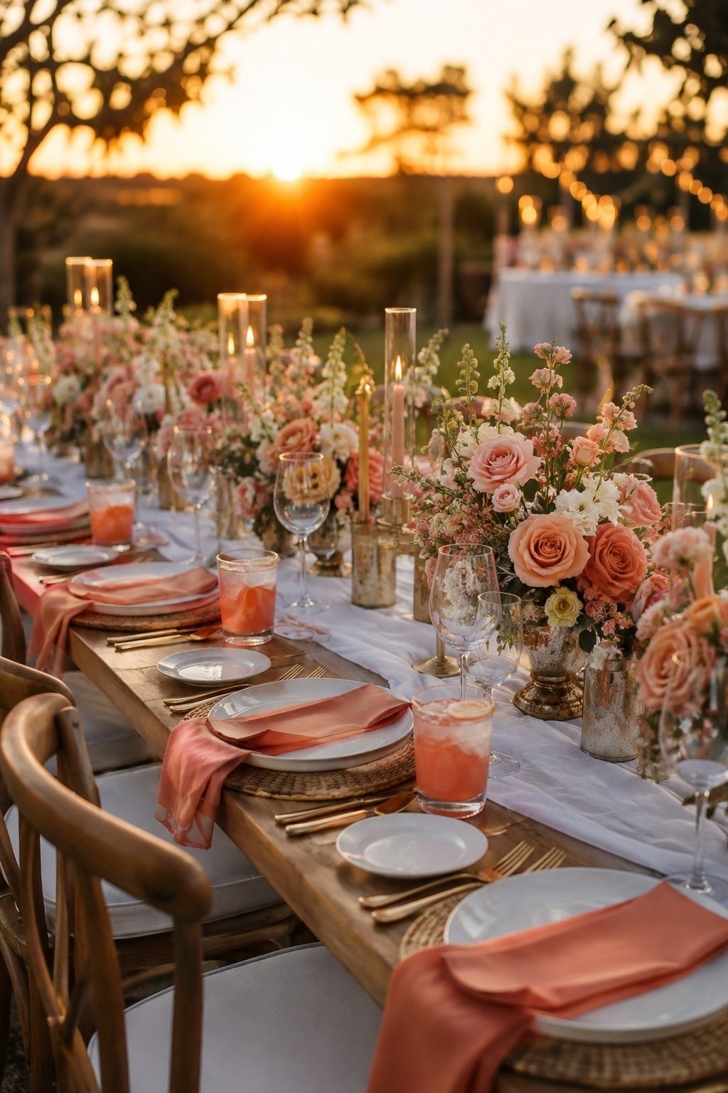 Sunset coral wedding reception