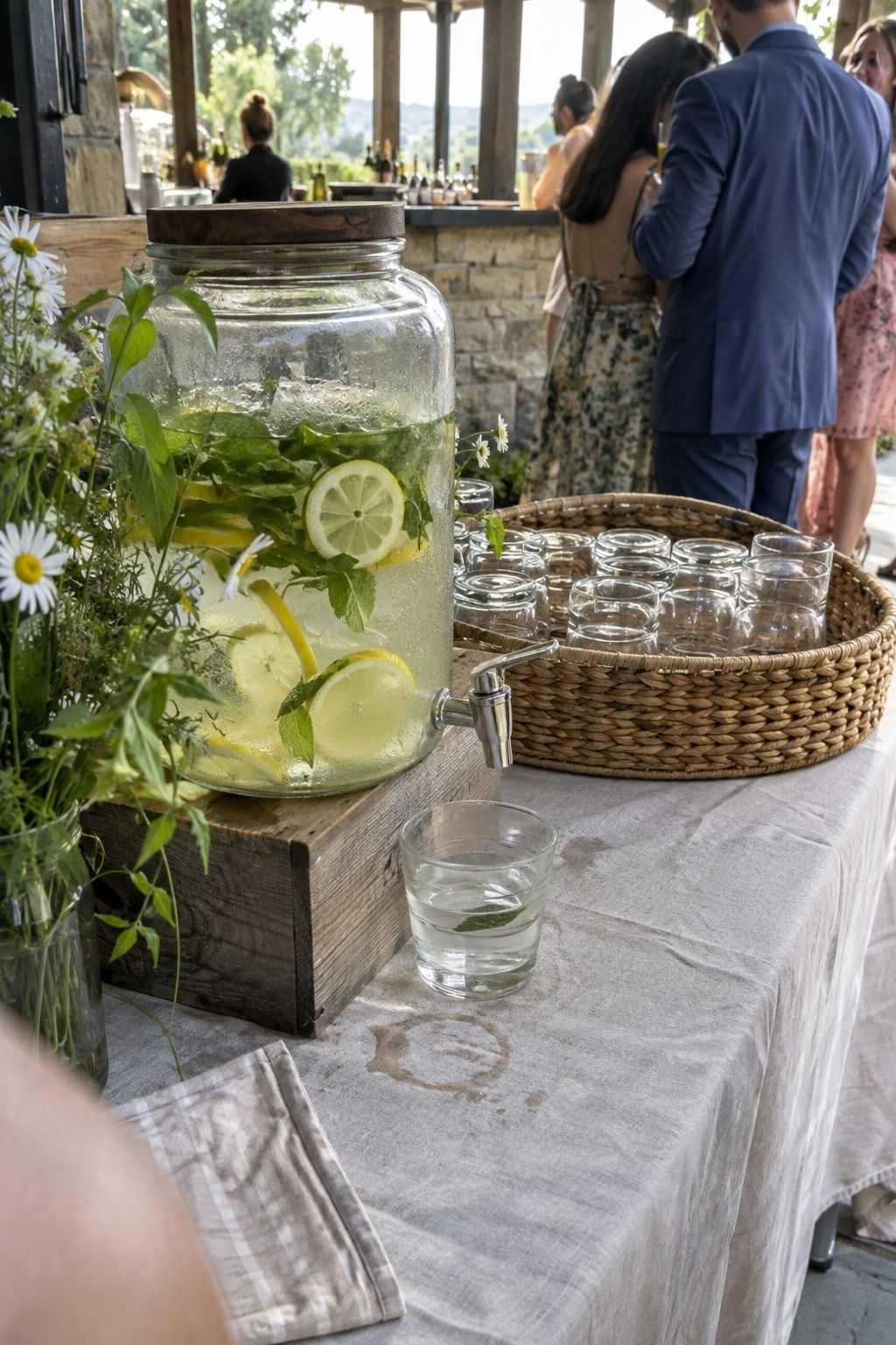 Shaded June wedding water station with citrus dispenser, glasses and visible condensation