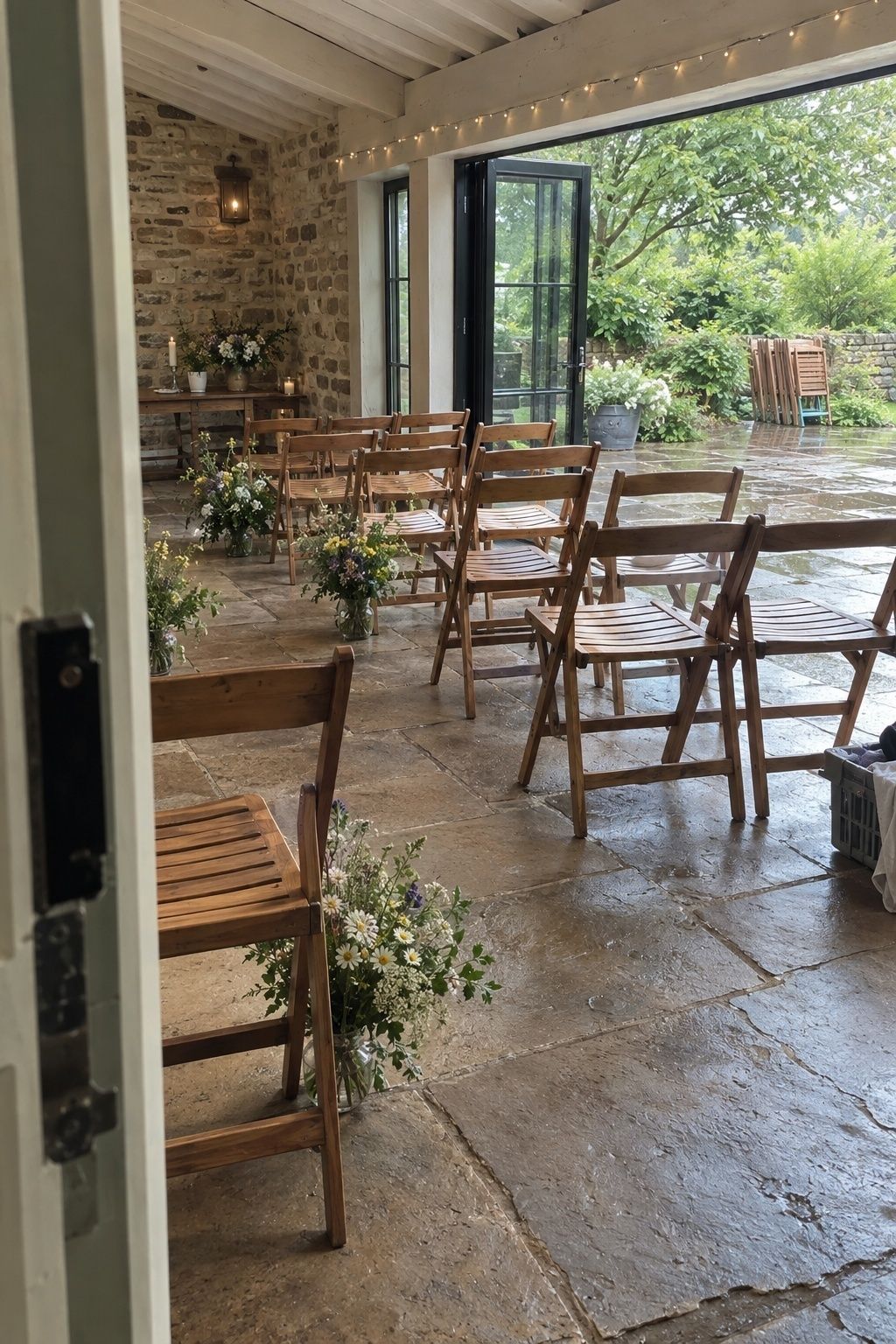 Covered veranda wedding backup with simple chairs and flowers beside a damp June garden