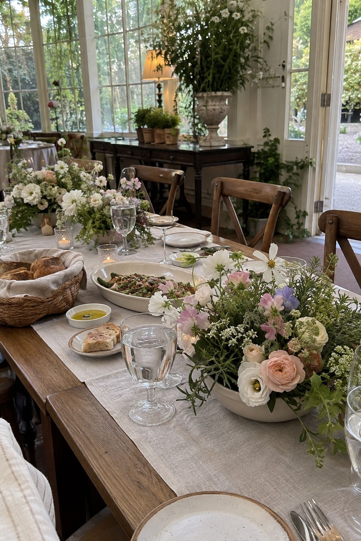 Low June garden flower centerpieces on an intimate family-style wedding dinner table.