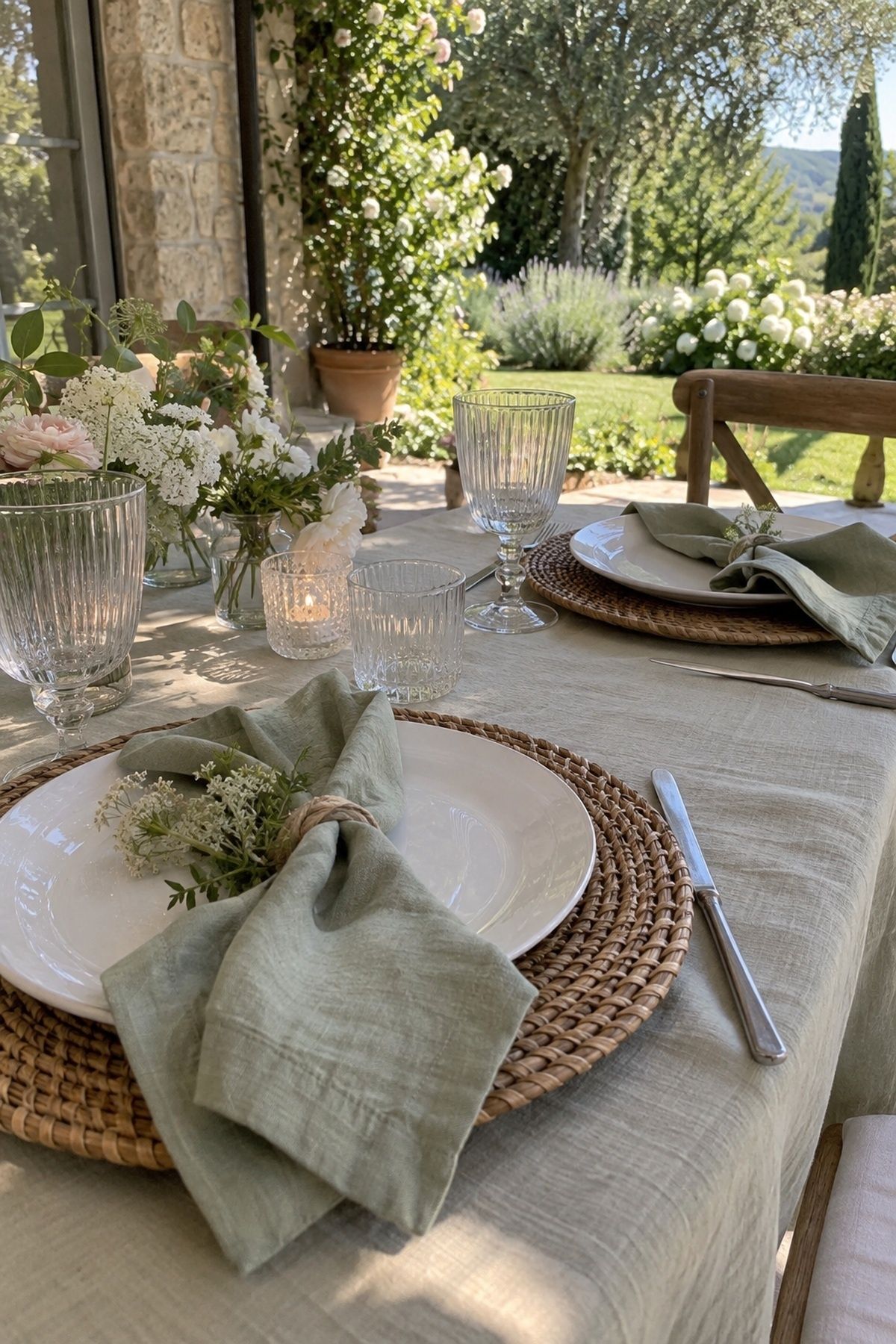 Rattan chargers, sage linen napkins, white plates, and garden flowers on a June wedding table.