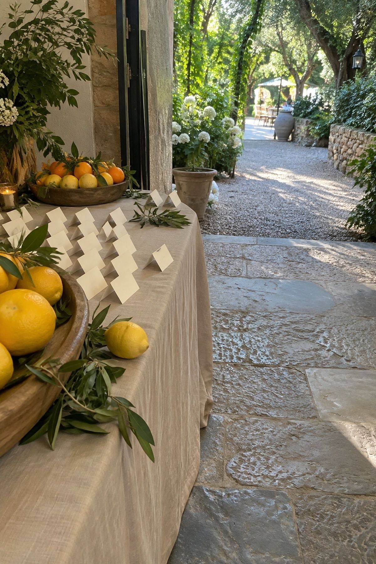 Shaded citrus escort display with lemons, oranges, blank place cards, and olive sprigs.