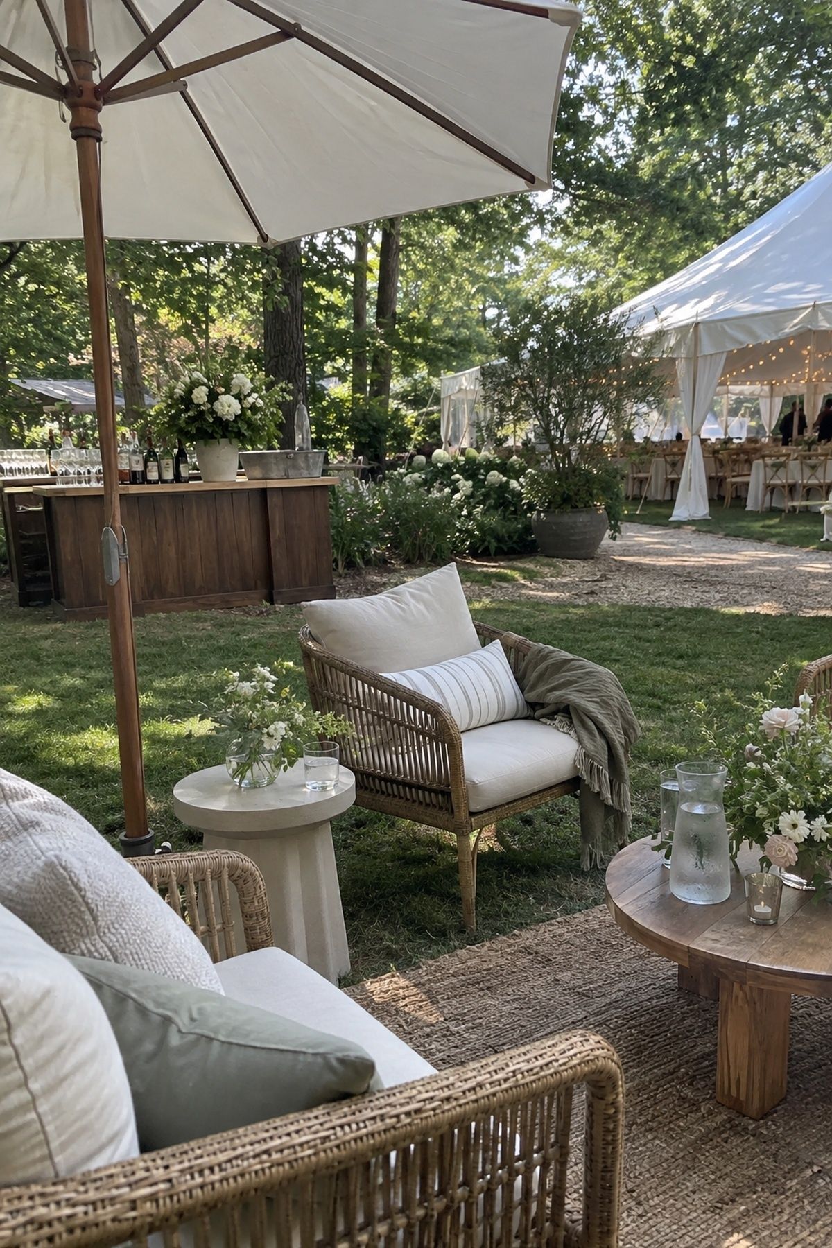 Shaded June wedding lounge with woven chairs, a cream umbrella, flowers, and cold water.