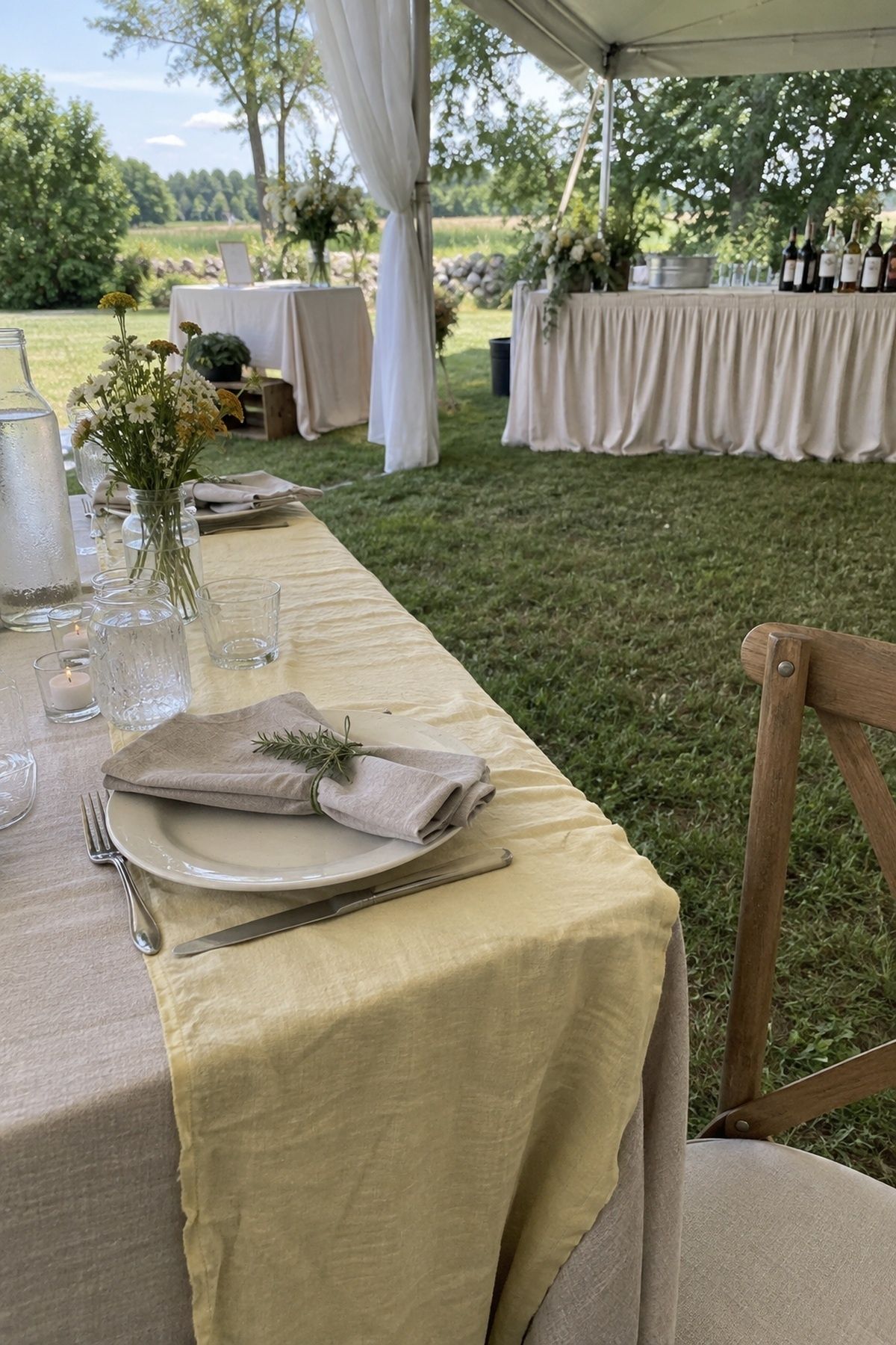 Soft butter and oatmeal linen details on a practical outdoor June wedding table.
