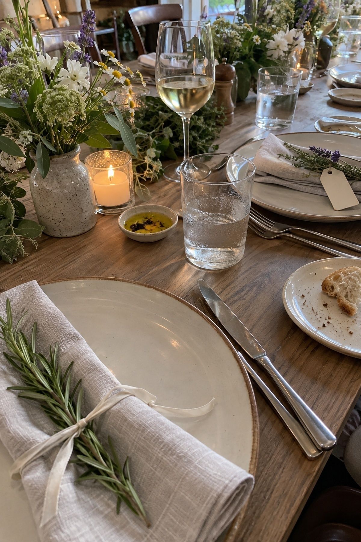 Rosemary sprig tied to a linen napkin at an intimate June wedding place setting.