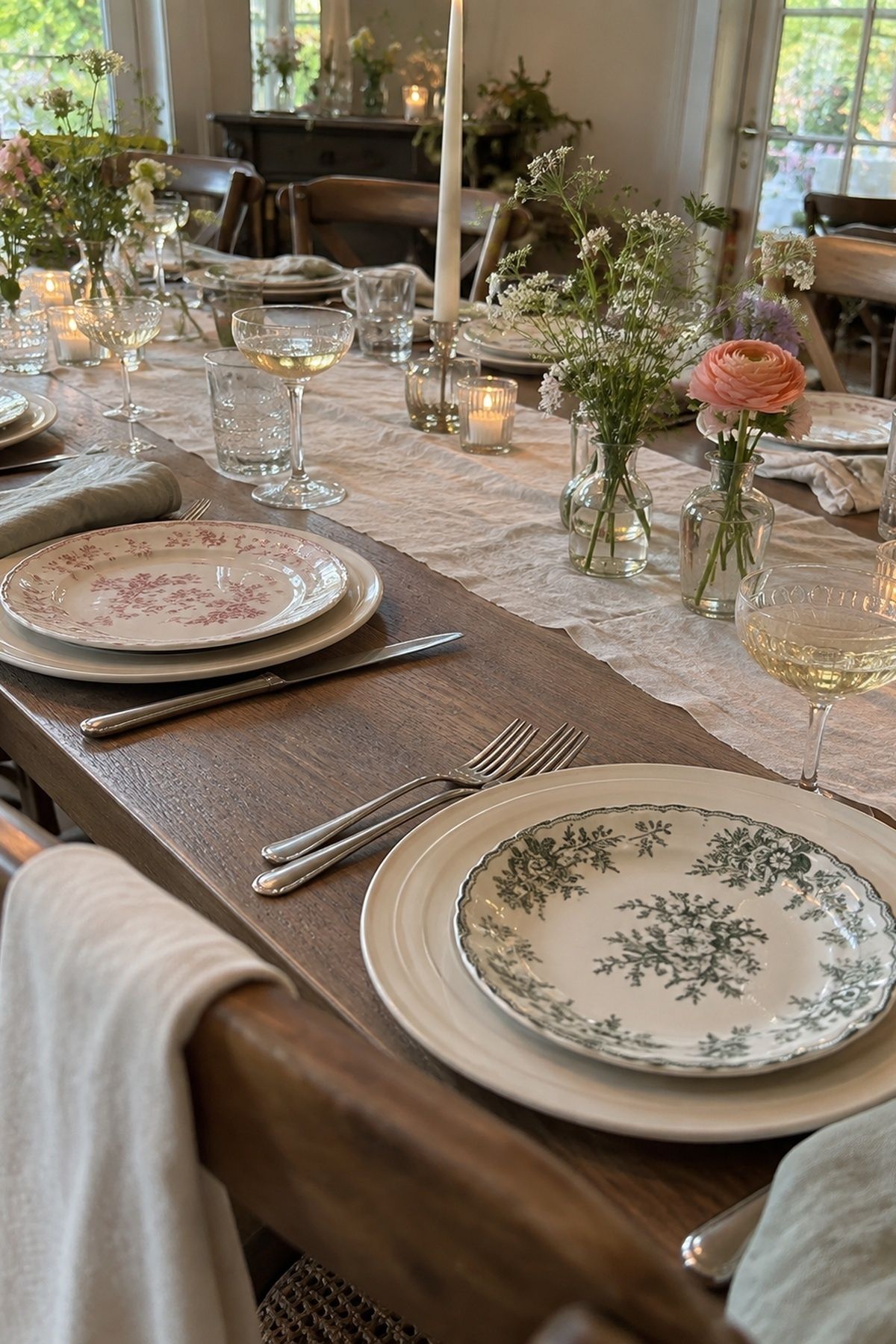 Thoughtfully mixed vintage dessert plates and coupes on a calm June wedding table.
