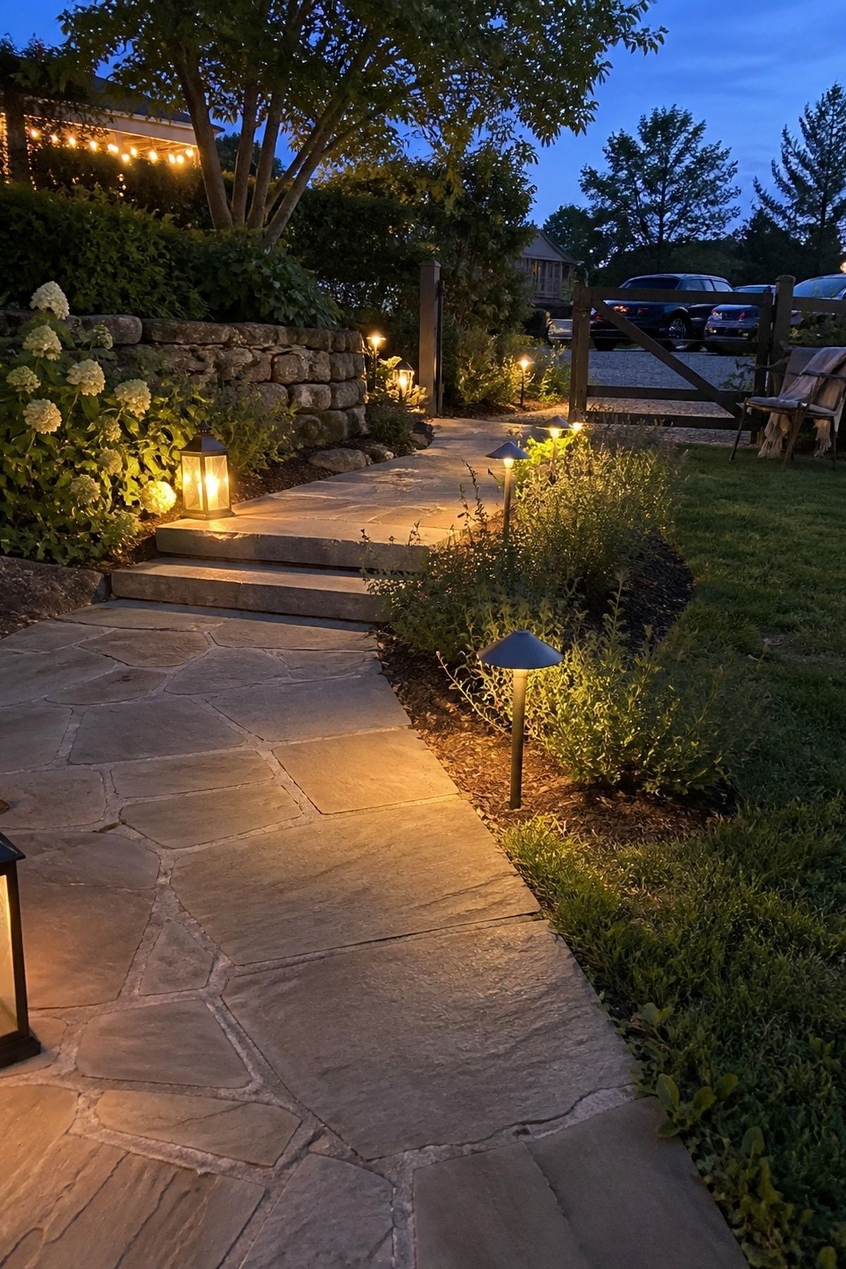 Warm lanterns and low lights guiding a stone pathway at an evening June wedding.
