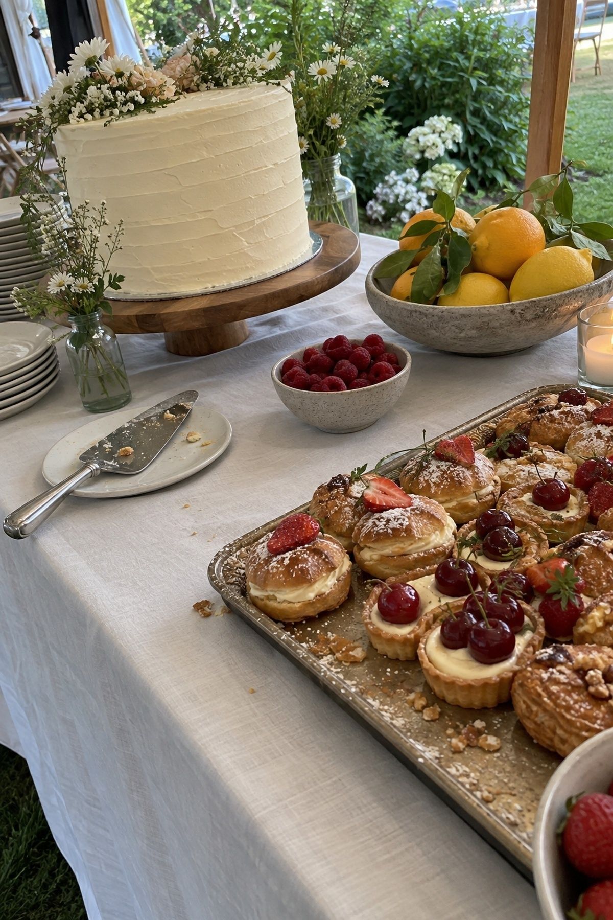 June wedding dessert table with buttercream cake, pastries, strawberries, cherries, and citrus.