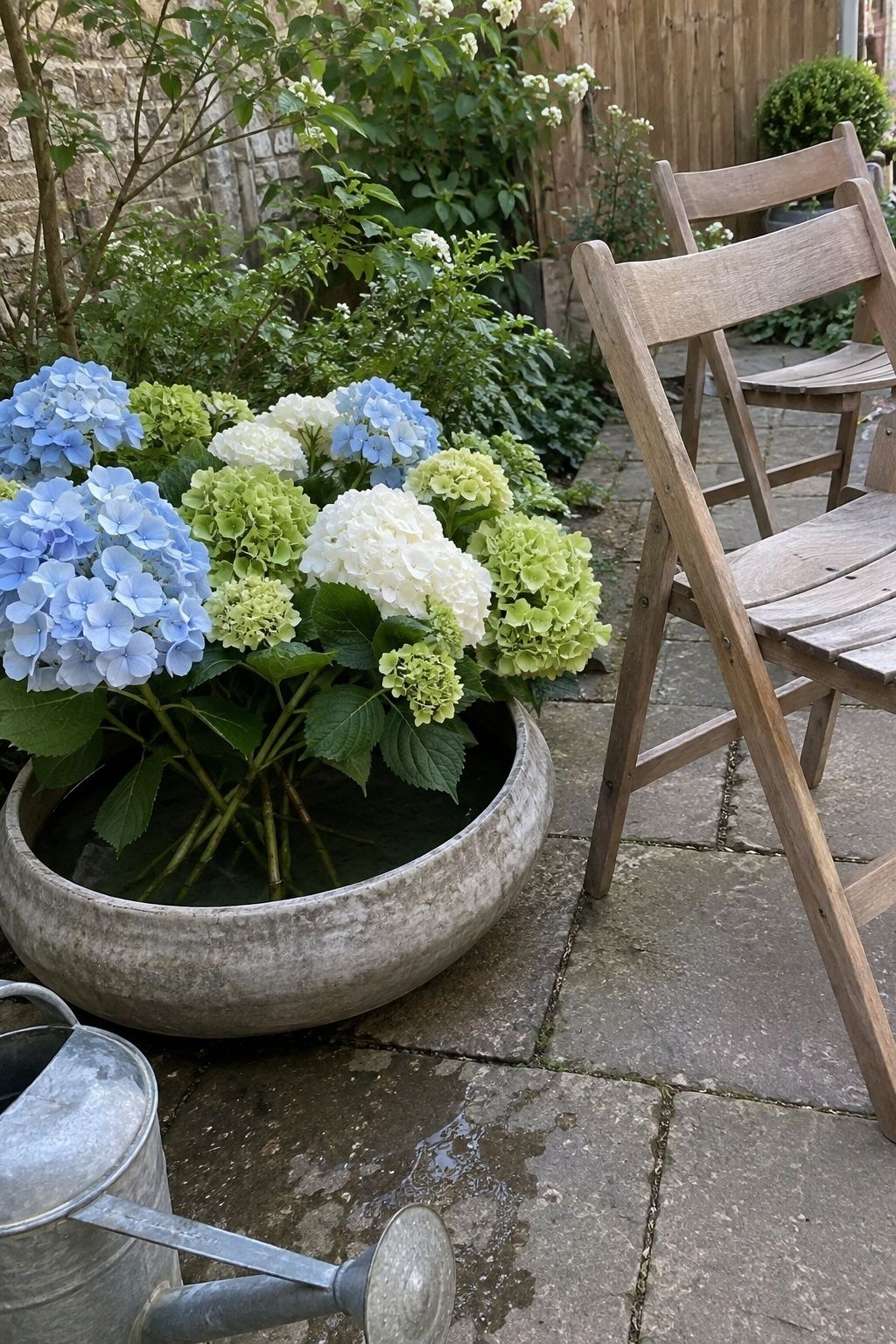 Hydrangeas kept hydrated in a June arrangement