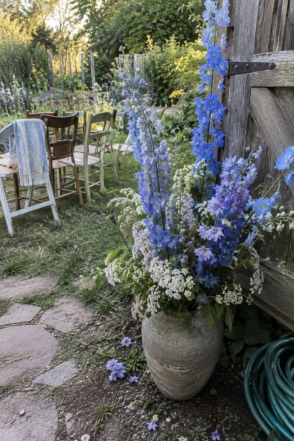 Tall blue delphinium stems