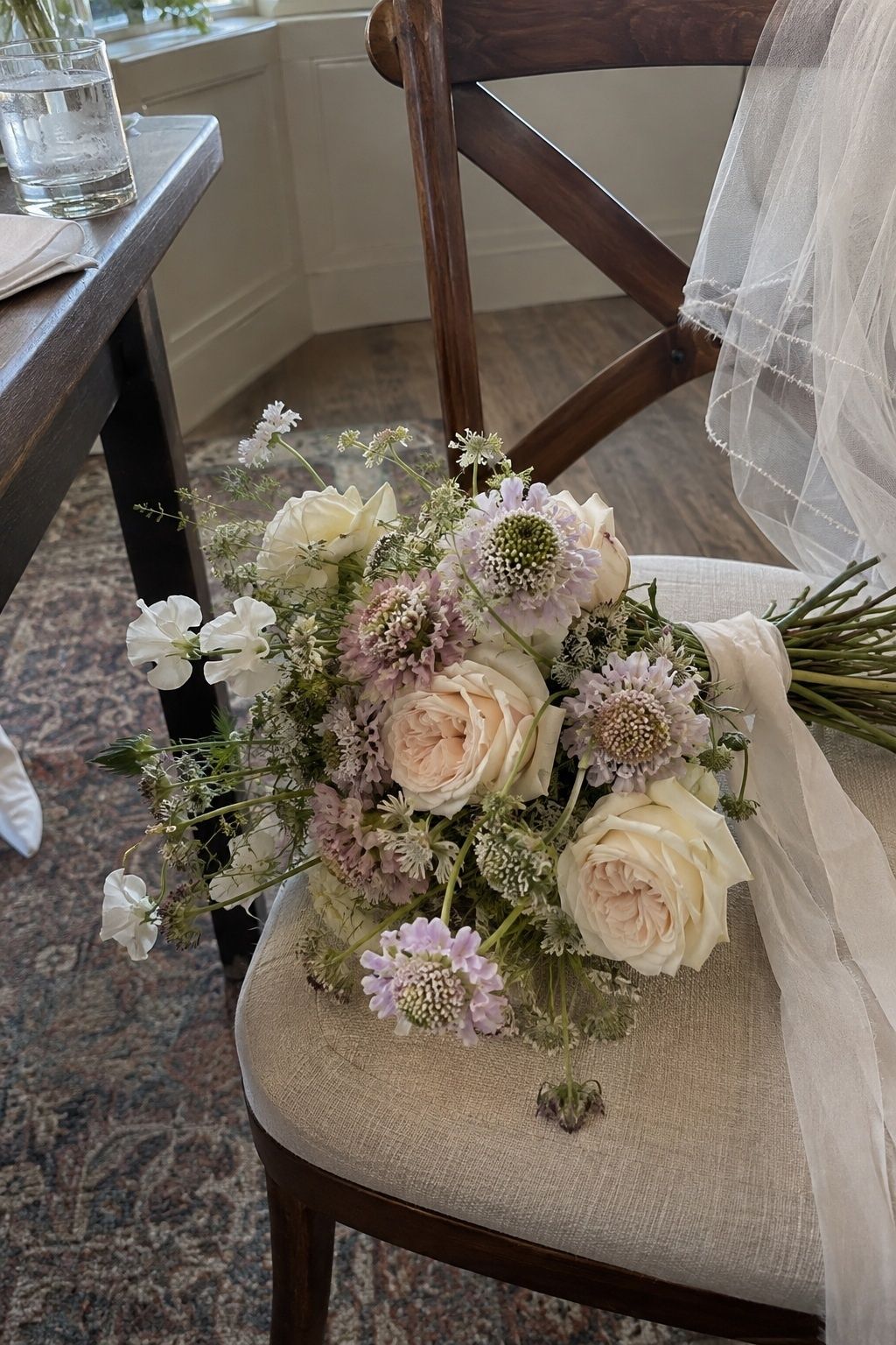 Delicate scabiosa in a wedding arrangement