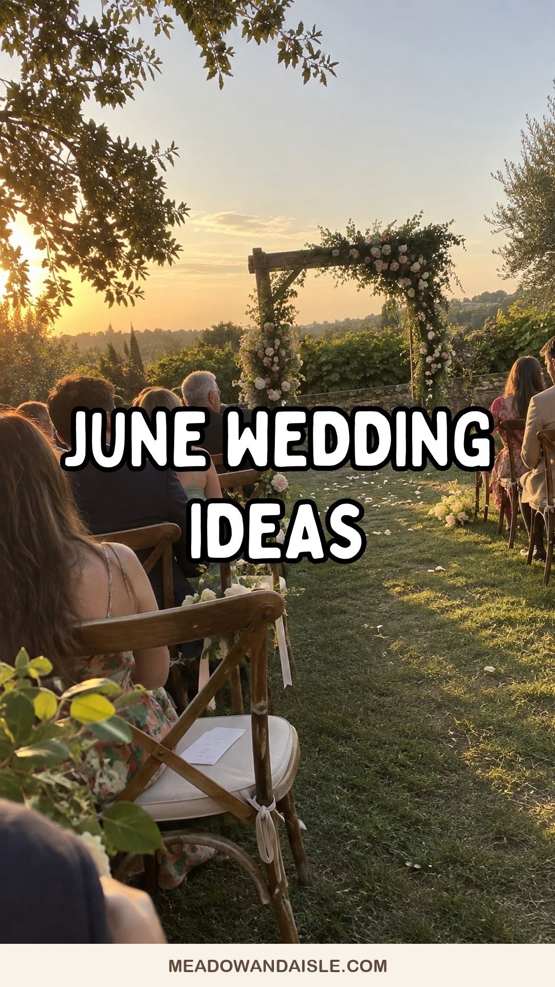 June wedding ideas Pinterest pin with a golden-hour garden ceremony.