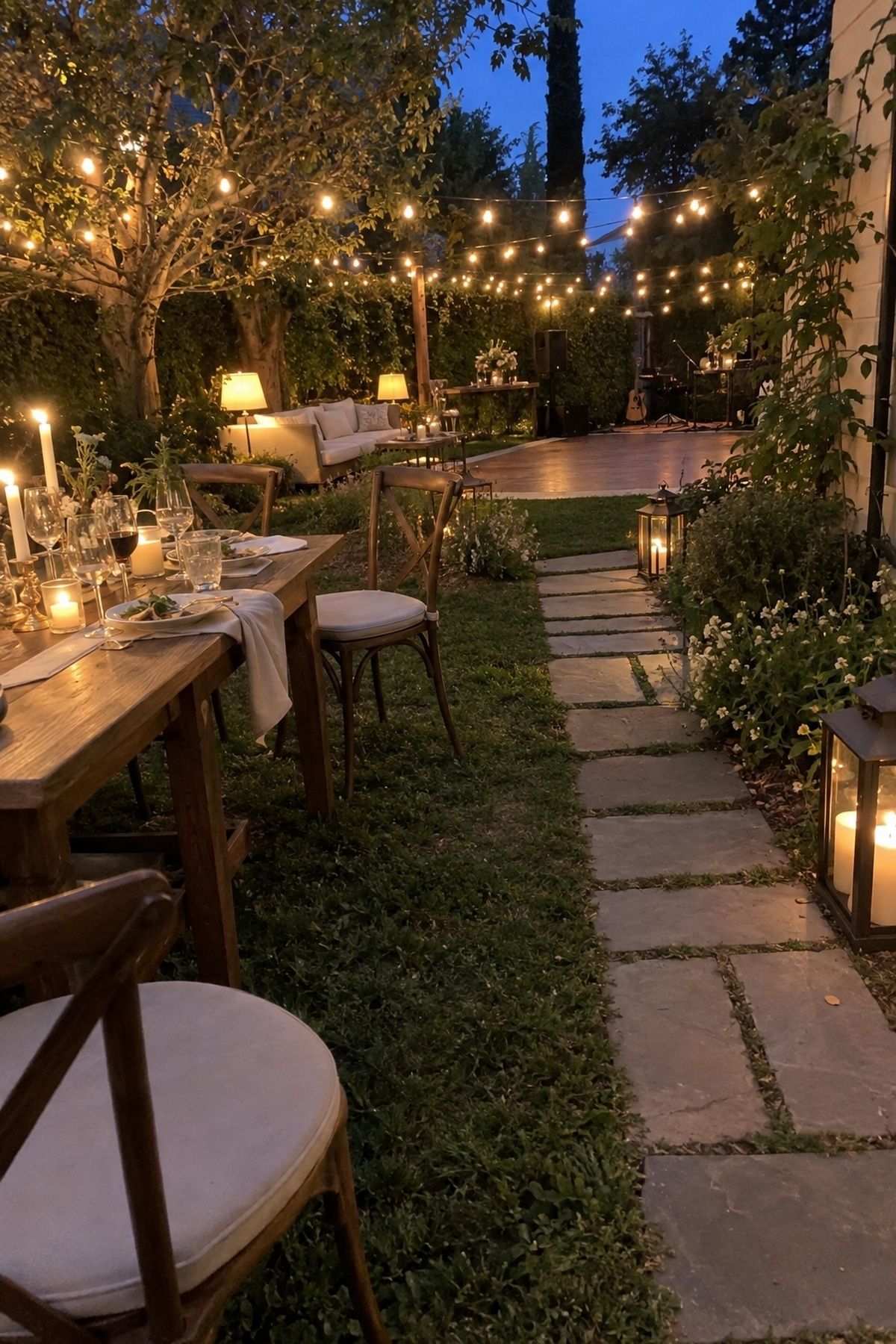 Layered evening lighting at a summer reception