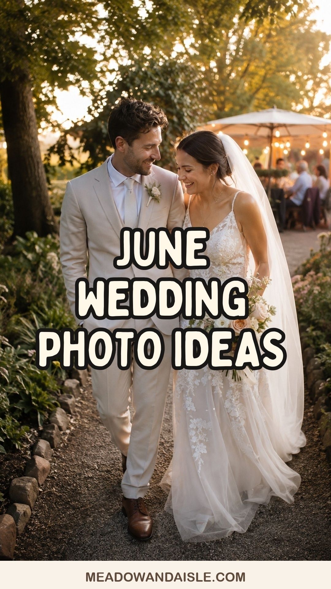 June wedding photo ideas Pinterest pin with golden-hour garden portrait and Meadow and Aisle branding