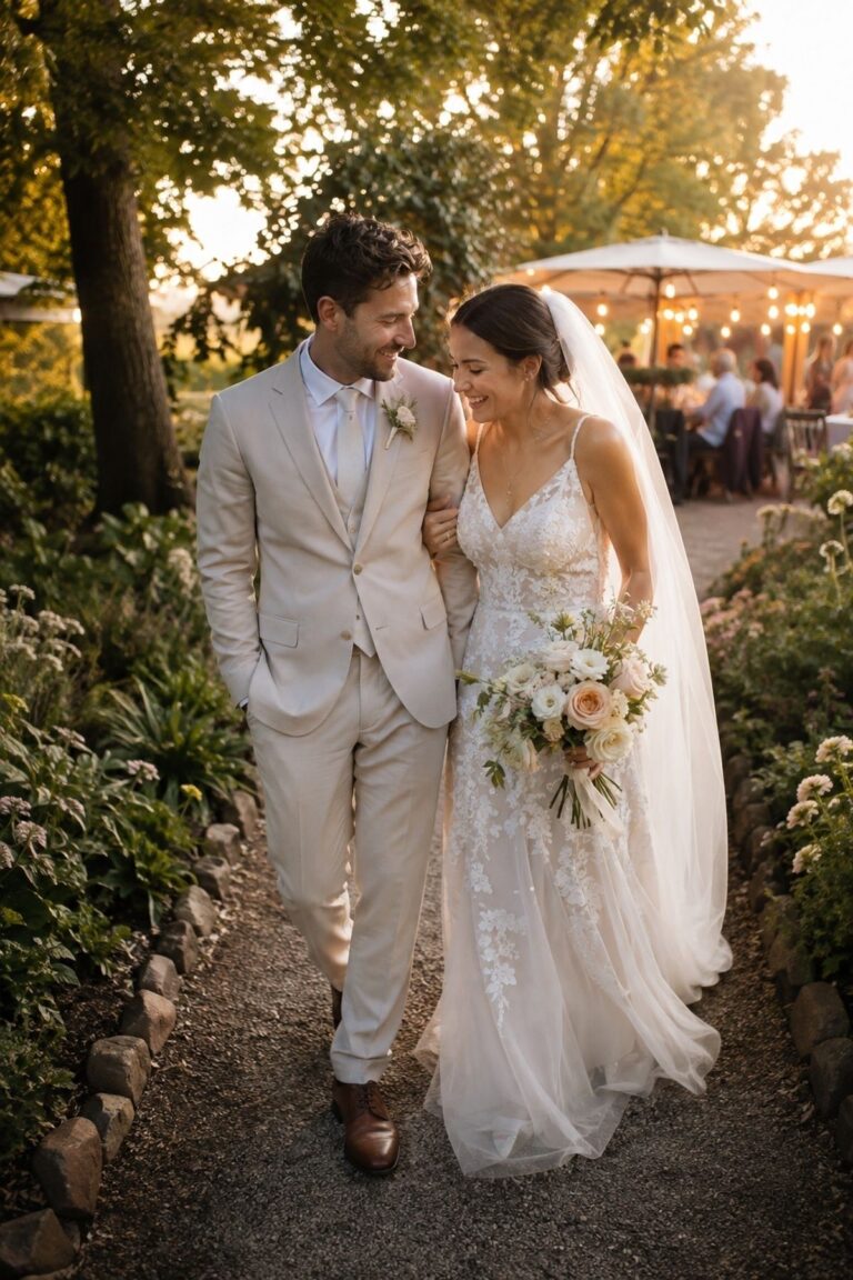 June wedding golden-hour couple portraits on a garden path with soft evening light