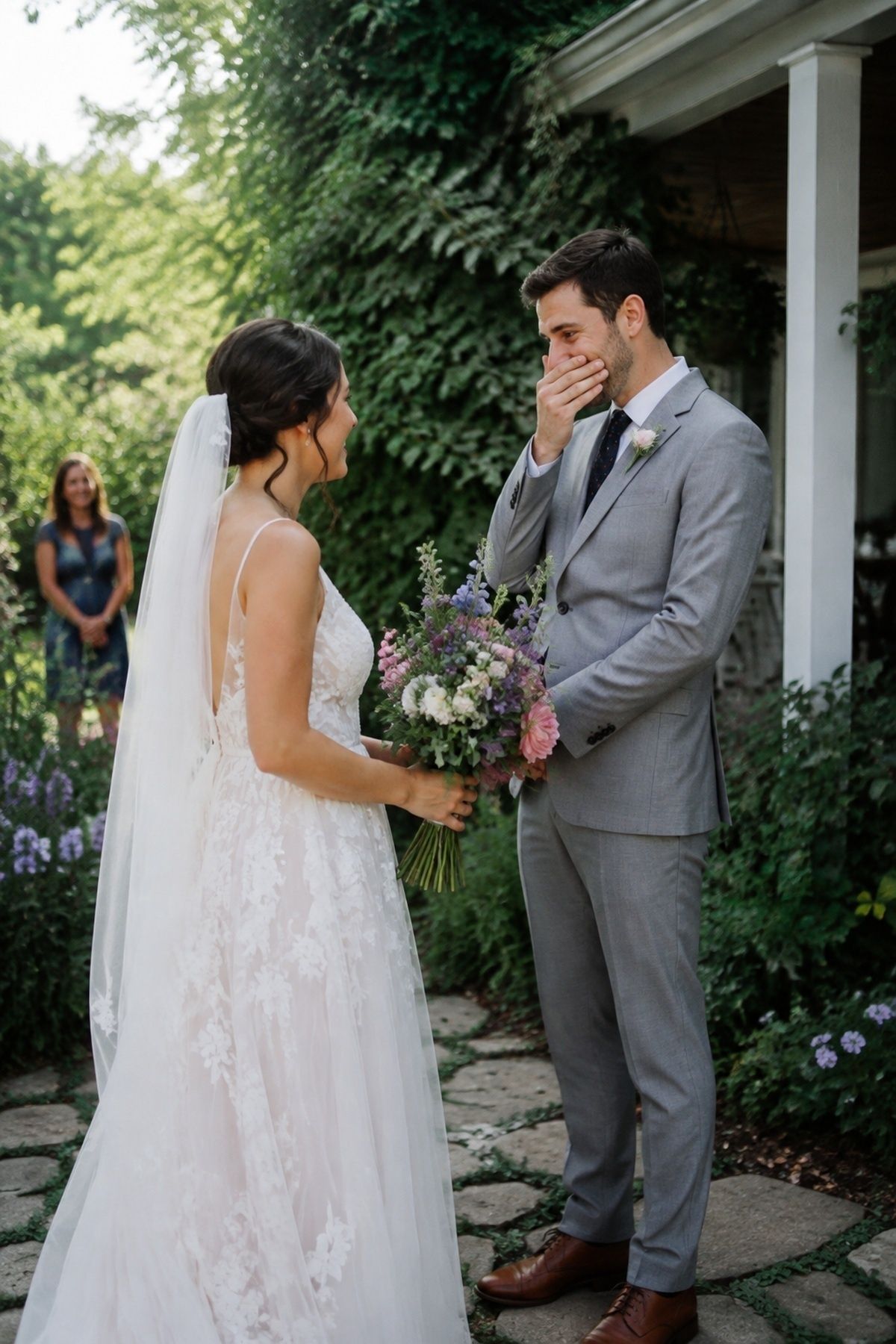 June wedding shaded garden first look beside a vine-covered porch