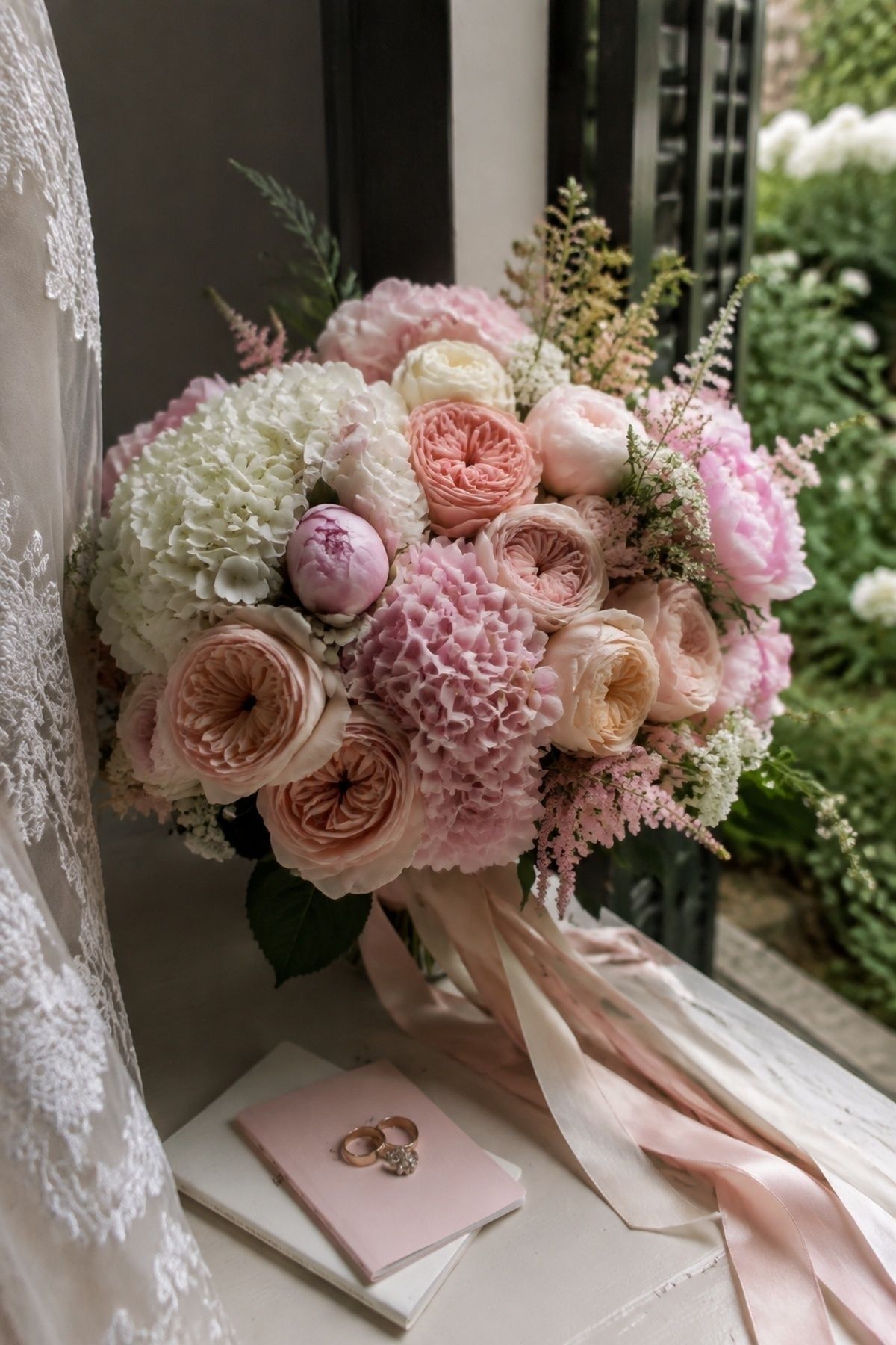 June wedding bouquet detail with hydrangeas, garden roses, rings, vow books, ribbon, and dress fabric