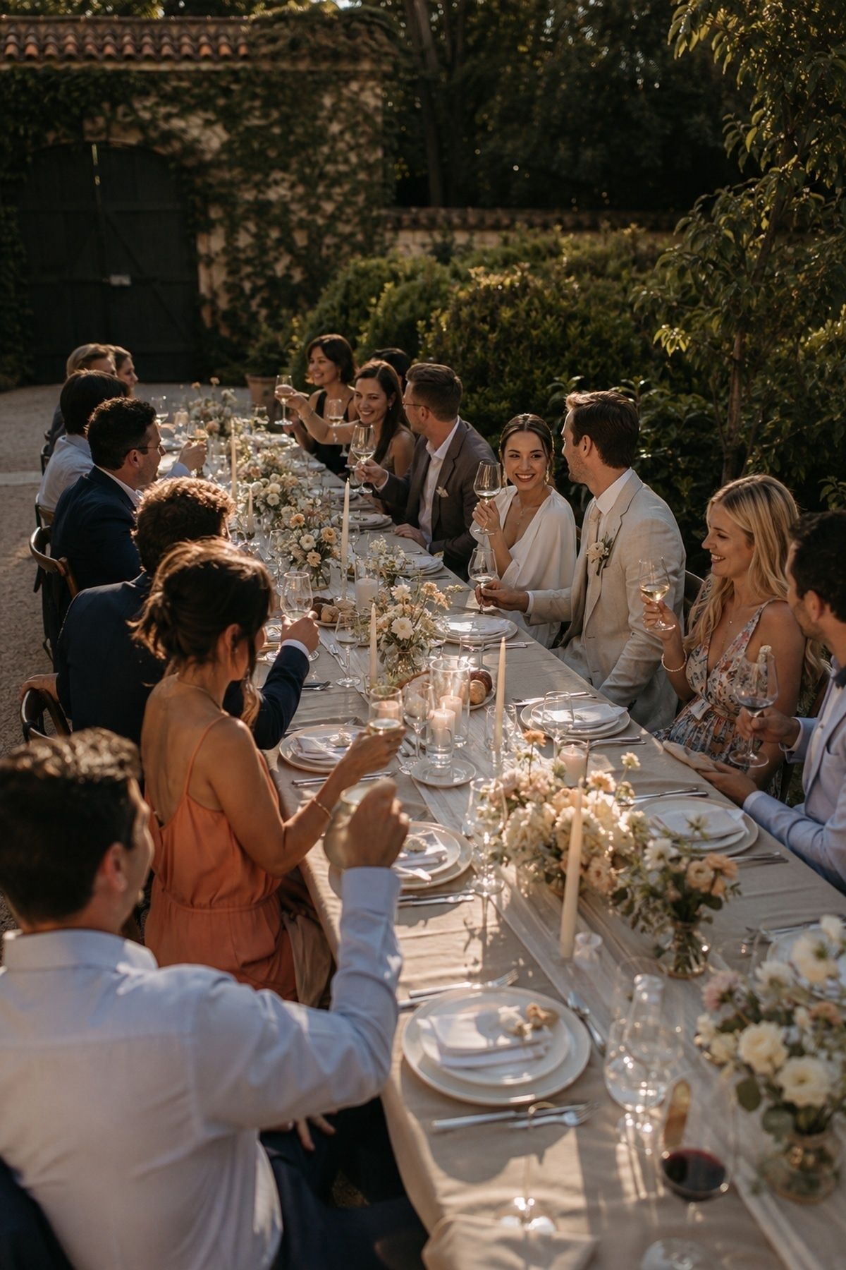Intimate June wedding long-table dinner with guests, low florals, candles, glasses, and late light