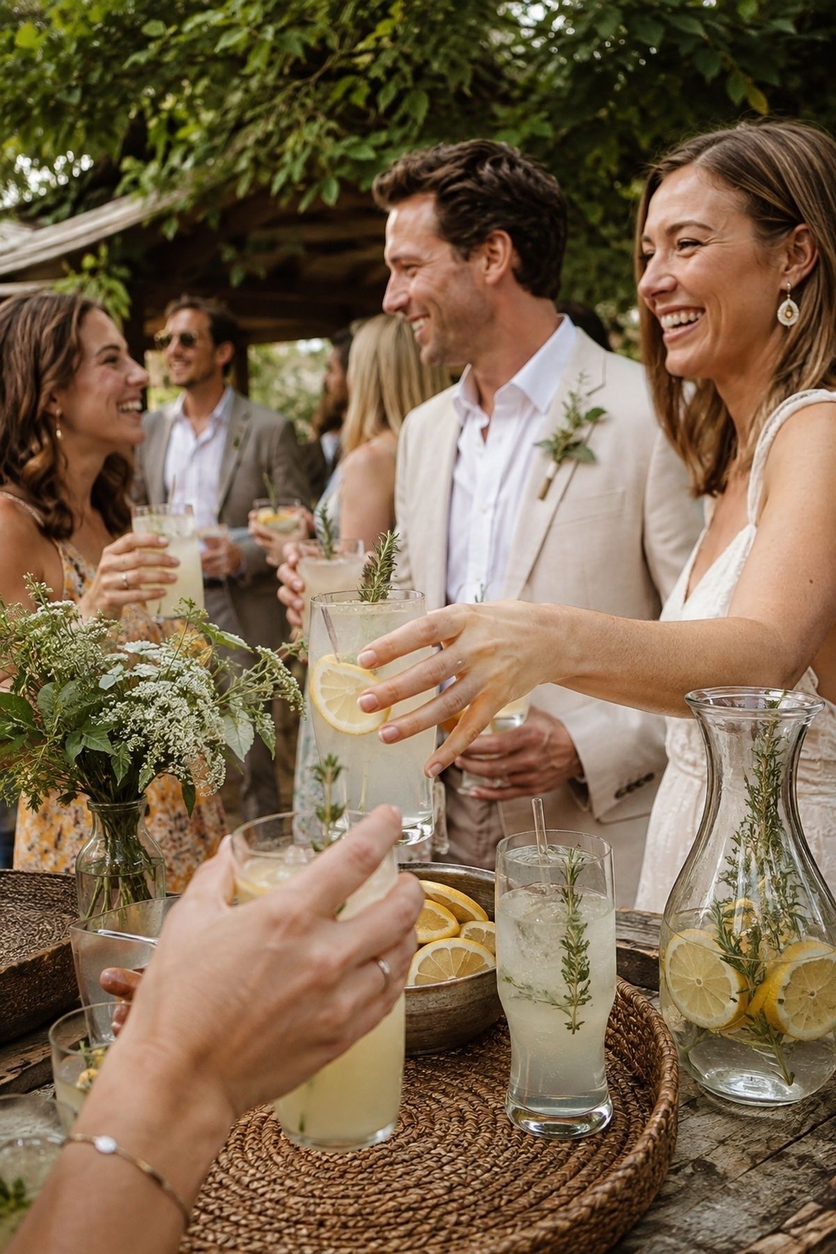 June wedding cocktail hour with citrus water, pale drinks, herbs, and guests laughing in shade