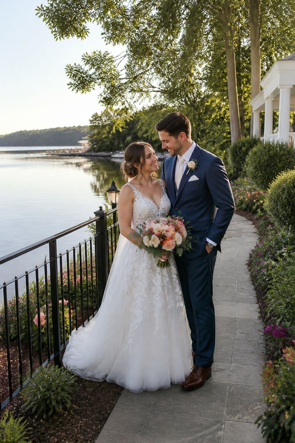 June wedding lakeside portrait on a safe path with railing, garden flowers, and reflected light