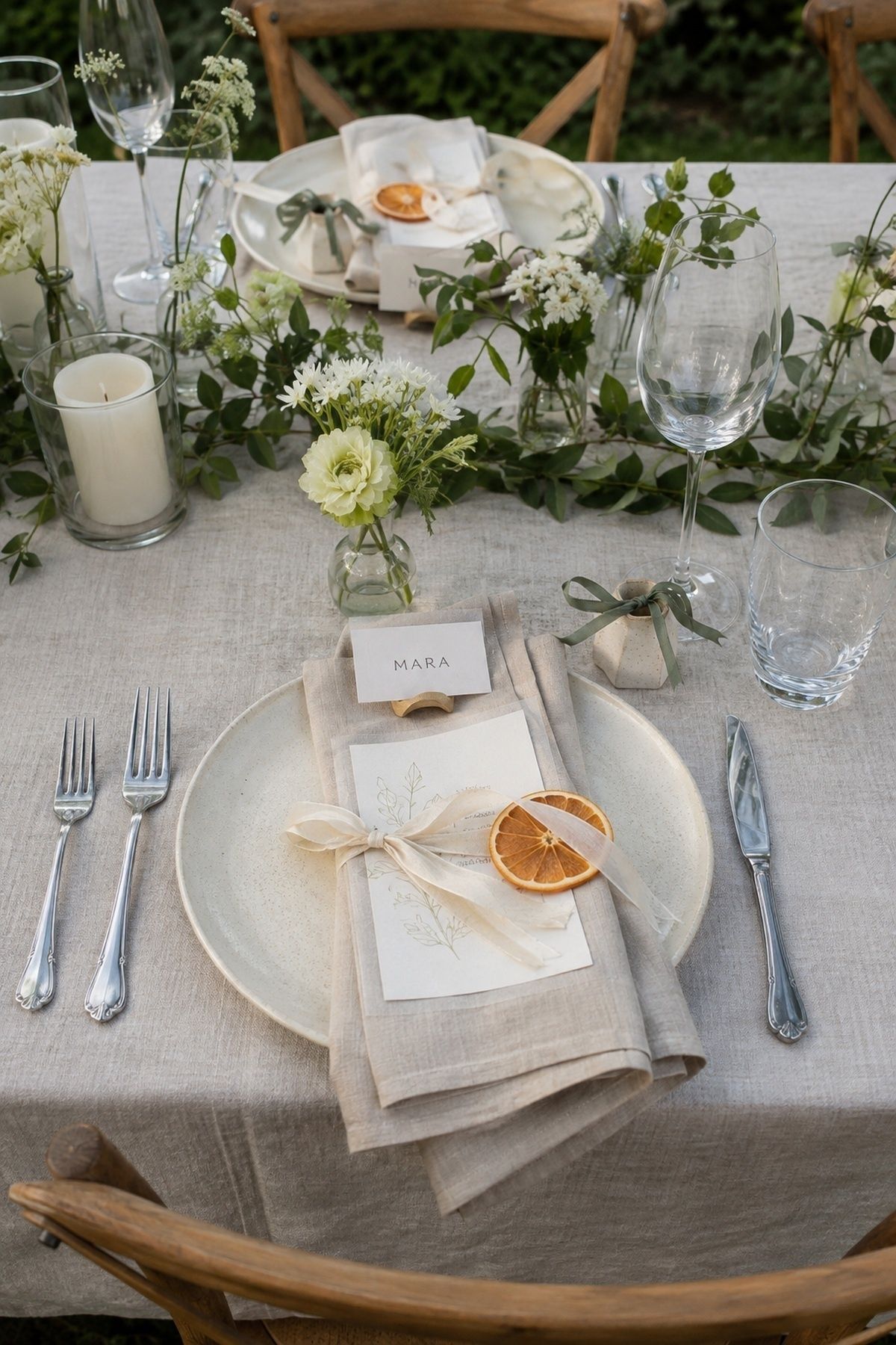 June wedding place setting with Mara name card, linen napkin, citrus, ribbon, bud vases, and glassware