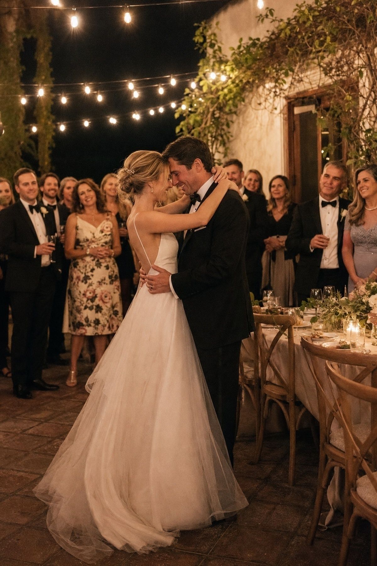 June wedding first dance under bistro lights with guests gathered close around the couple