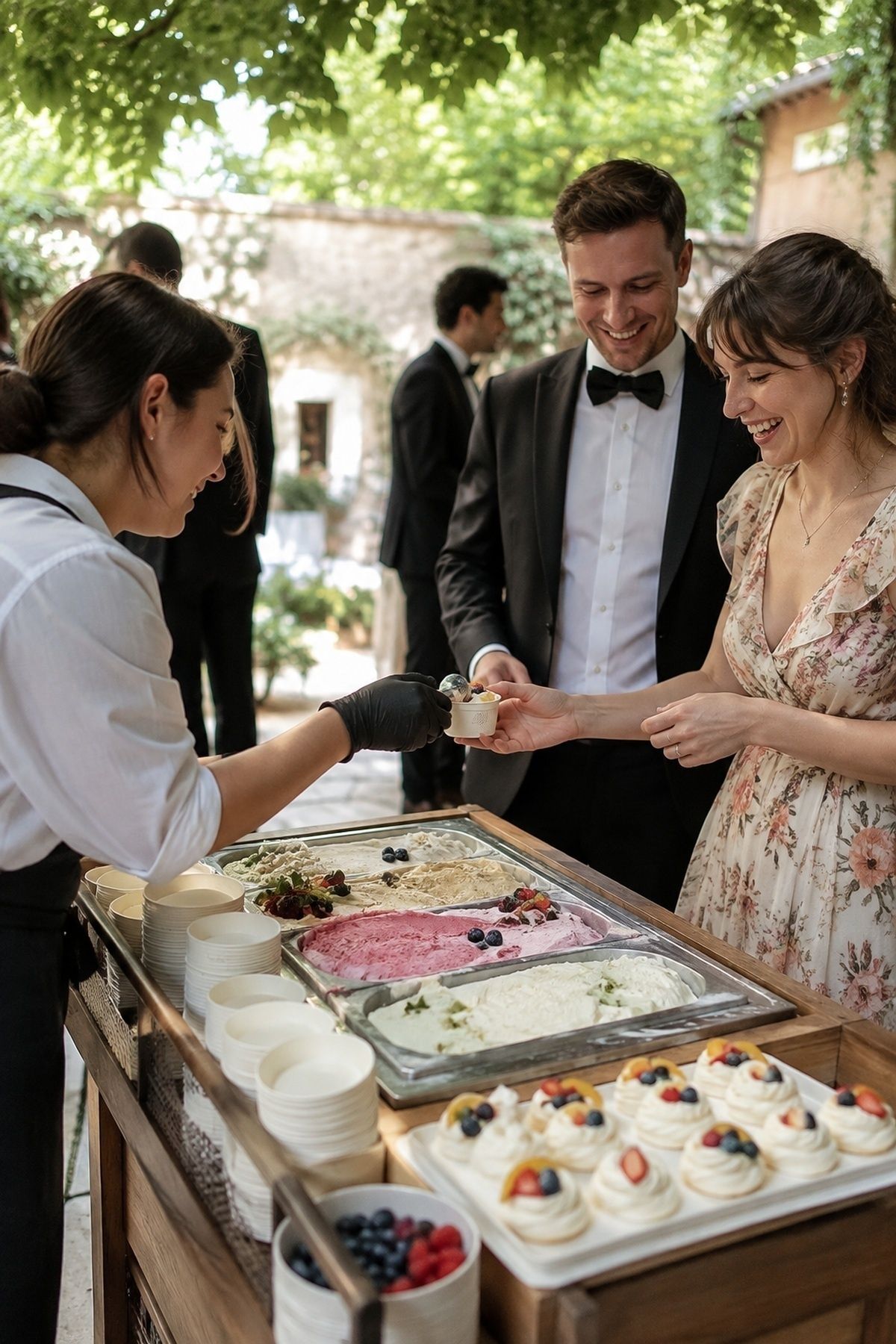 June wedding chilled dessert moment with gelato, mini pavlovas, berries, citrus, and smiling guests in shade