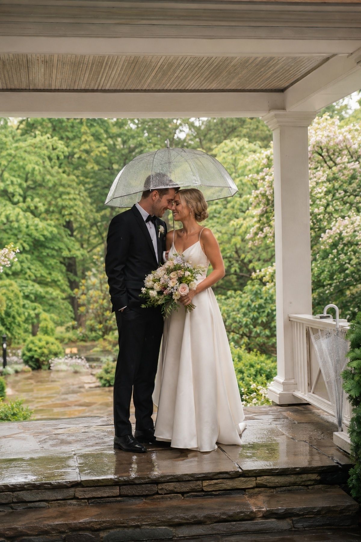 June wedding rain backup portrait under a clear umbrella on a covered porch with wet garden stone