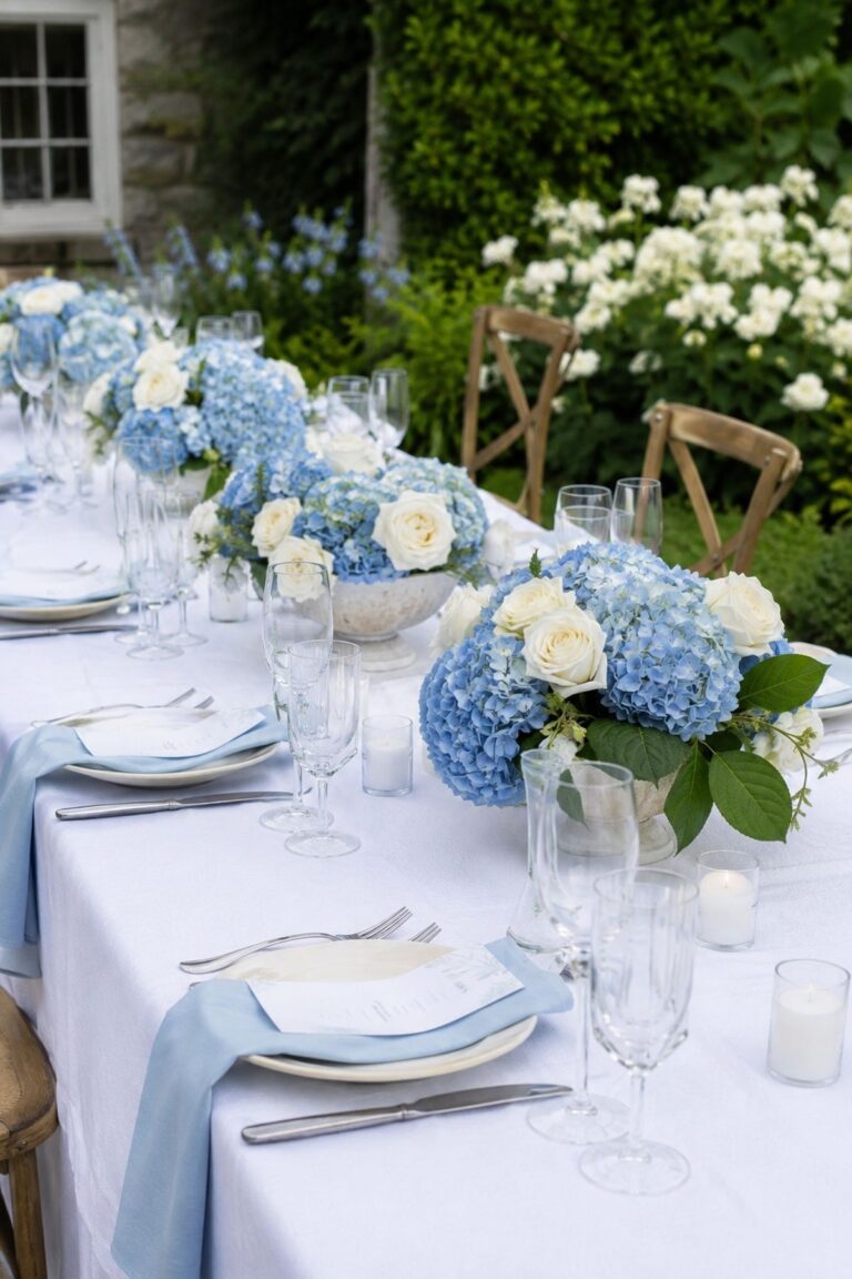 Blue and white hydrangea table for a June wedding tablescape