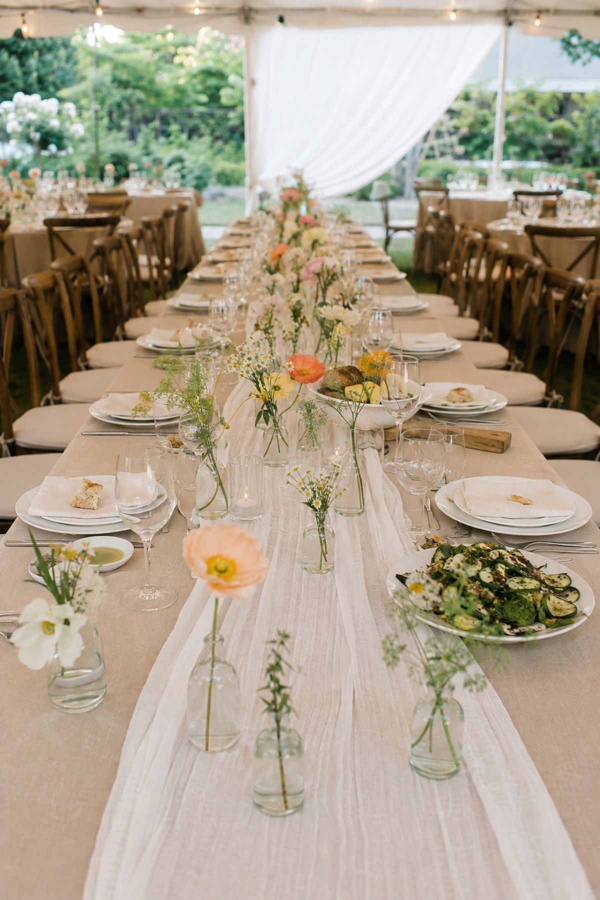 Linen runner lined with bud vases
