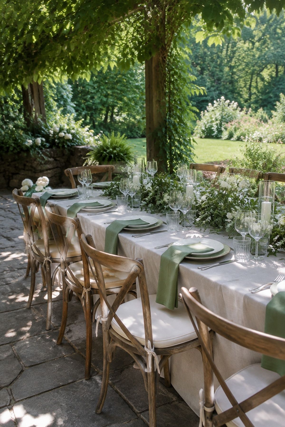 Green and white table on a shaded patio