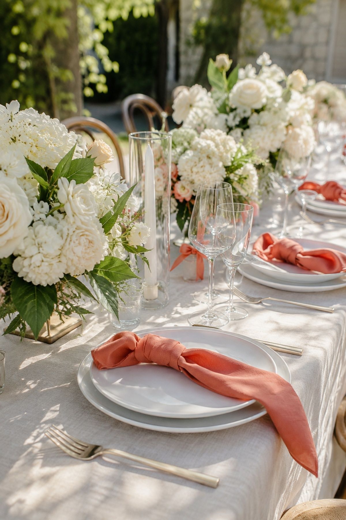 Coral napkins with ivory flowers