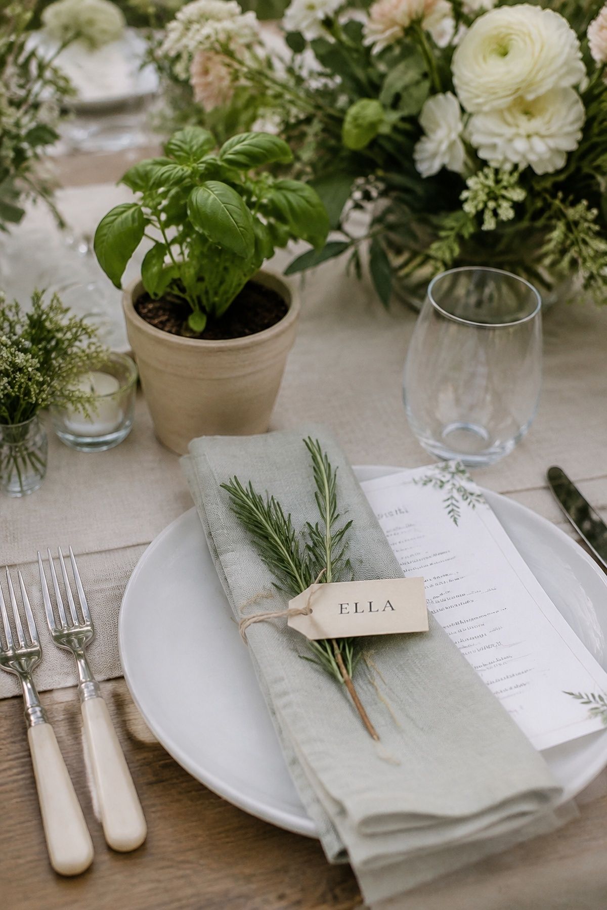 Potted herbs at each place setting
