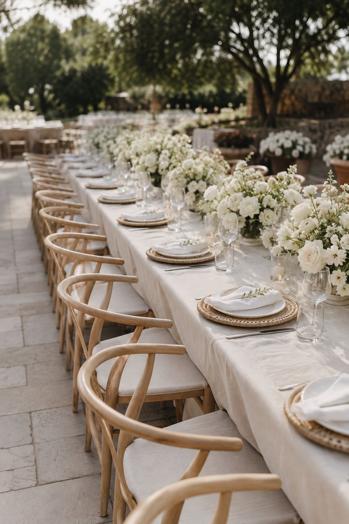 White roses with woven chargers