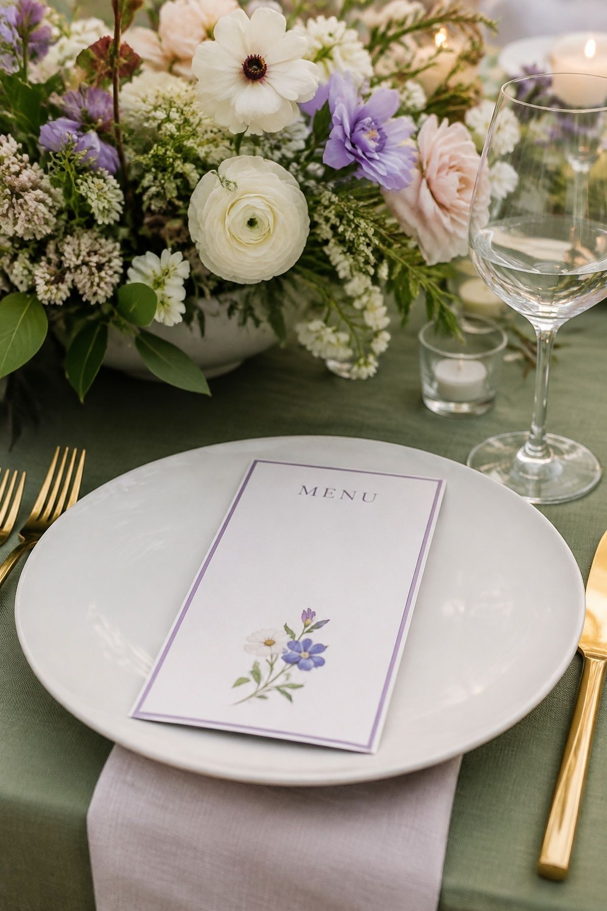 Individual menu cards with floral detail