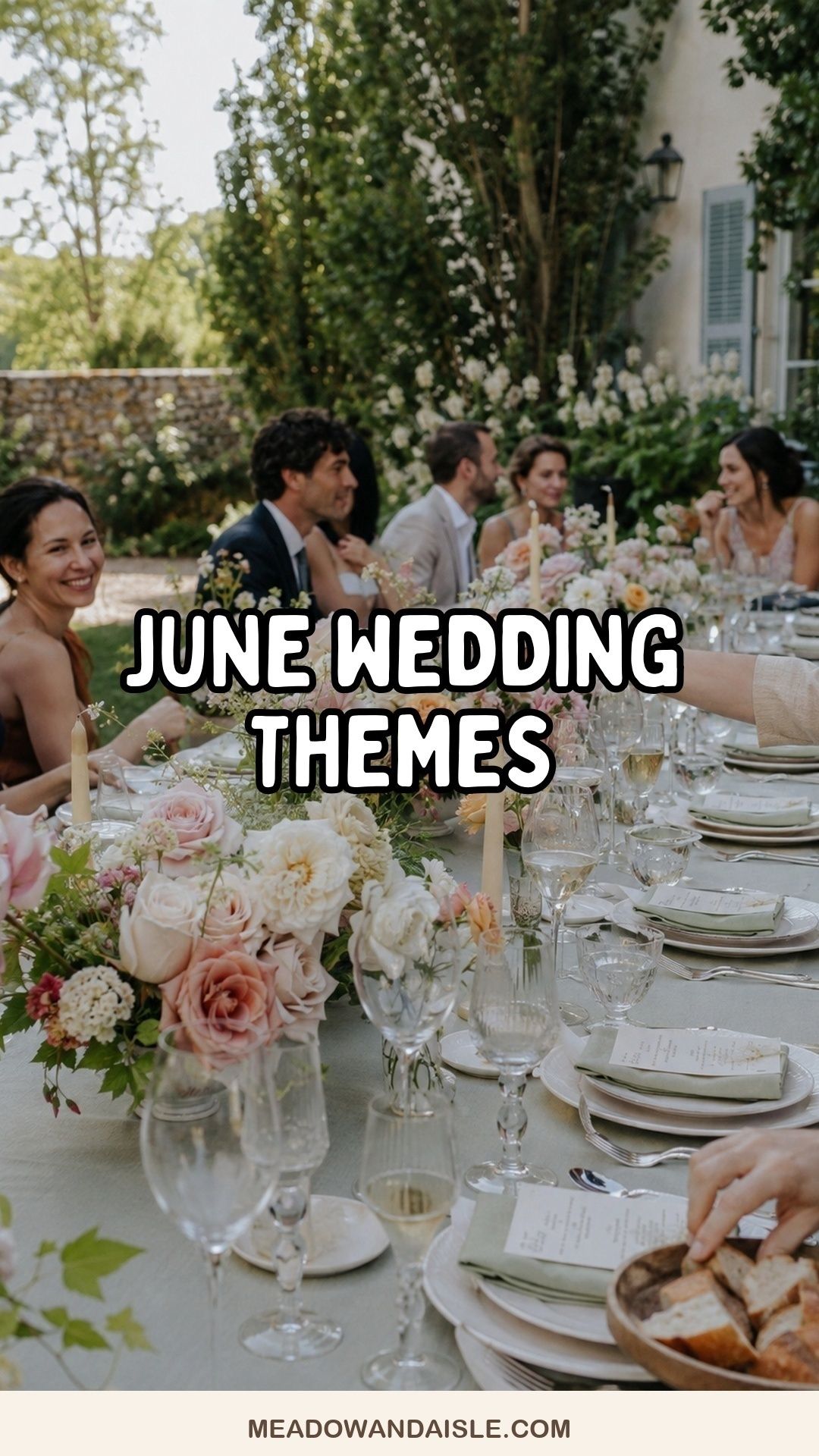 June wedding themes Pinterest pin with garden rose dinner party photo background