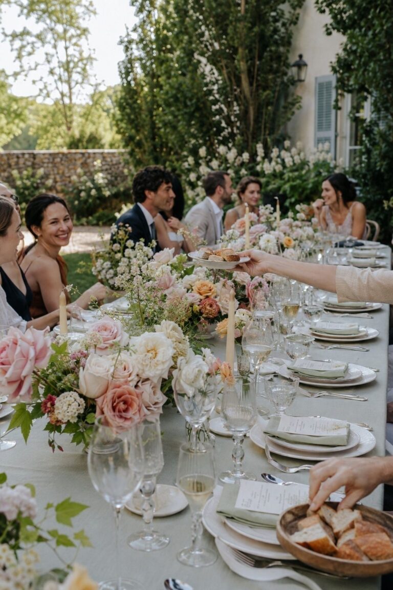 Garden Rose Dinner Party June wedding theme with intimate Meadow & Aisle styling