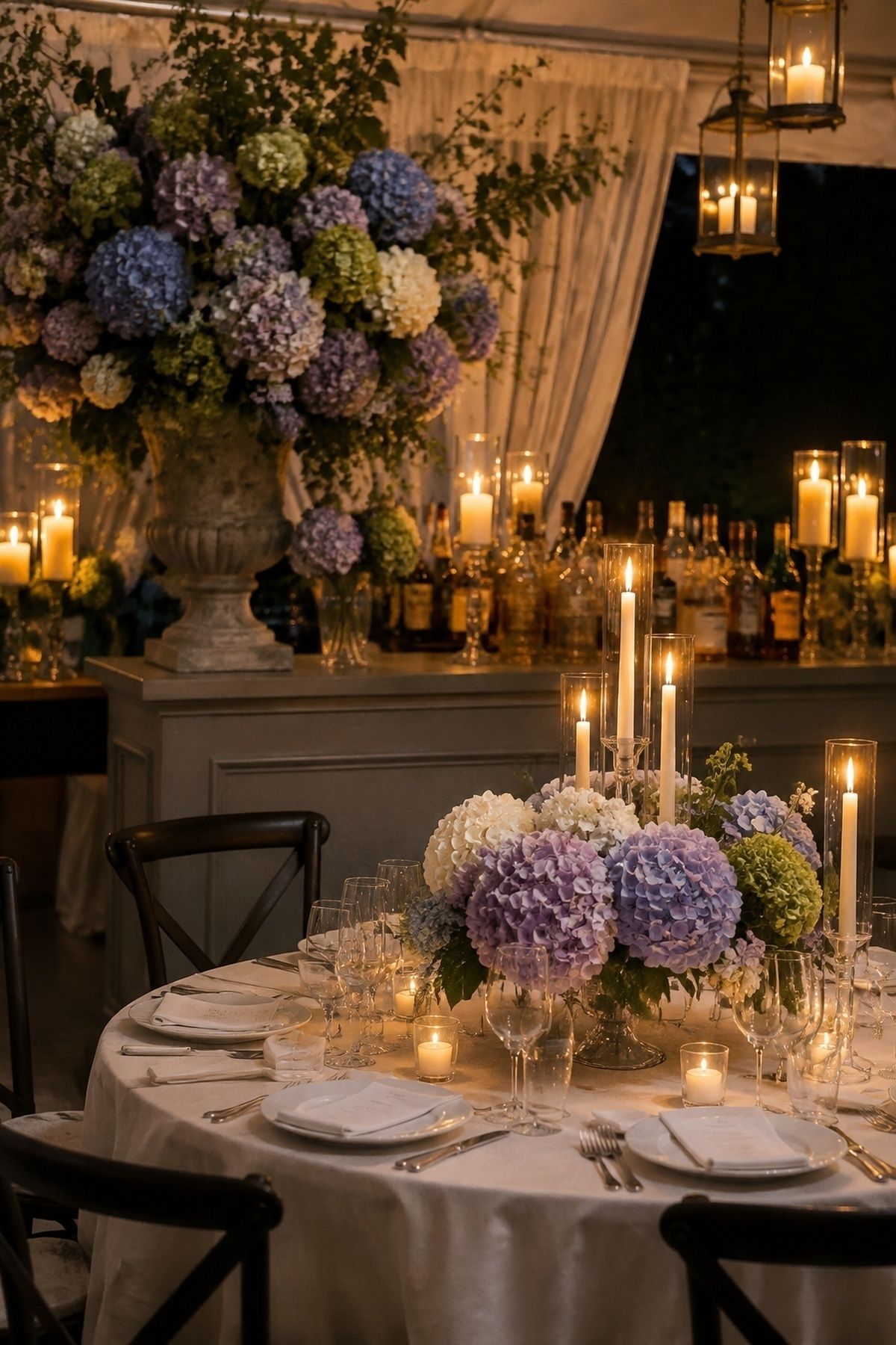 Hydrangeas and candlelight for a romantic theme