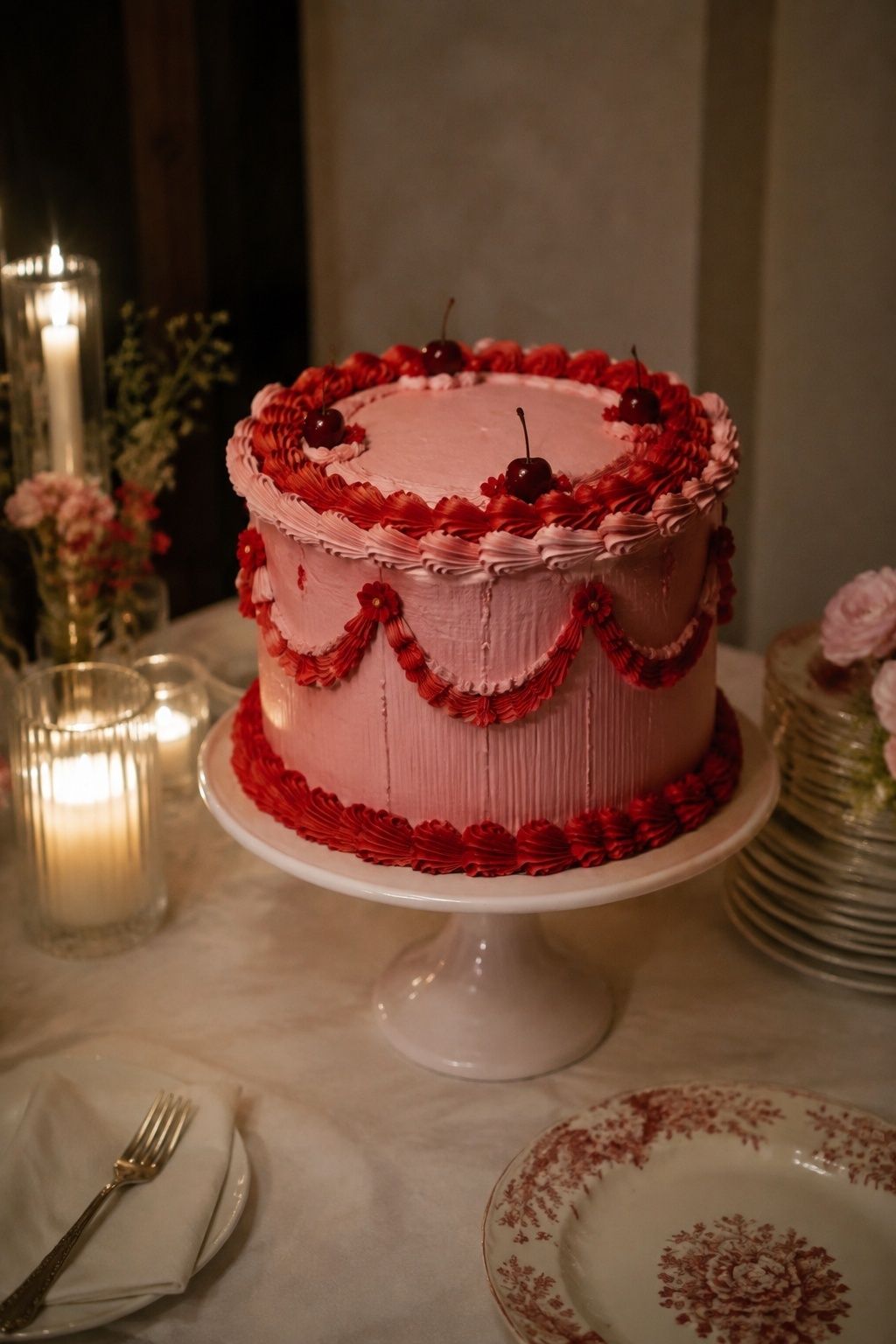pink and red kitsch cake styled as a kitsch wedding cake idea
