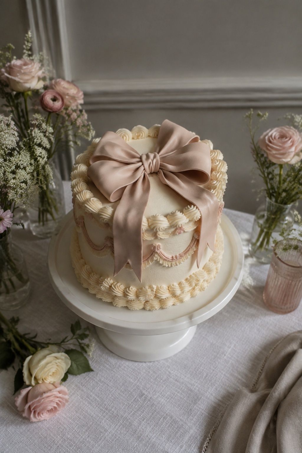 bow-topped kitsch cake styled as a kitsch wedding cake idea