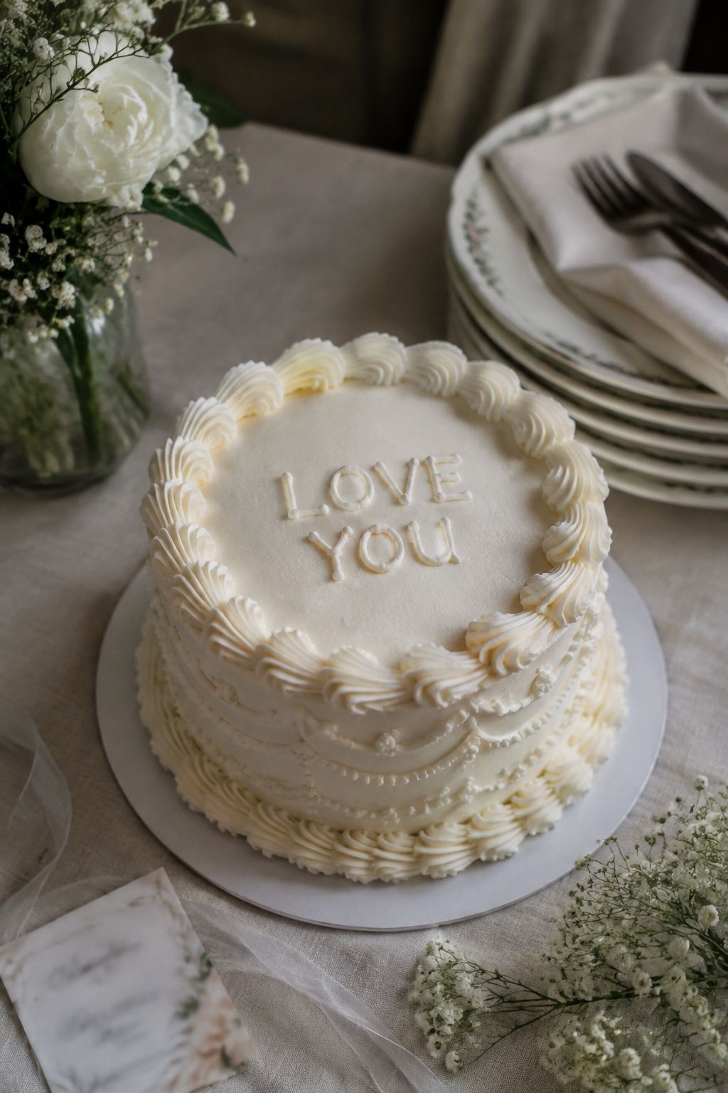cake with a short personal phrase styled as a kitsch wedding cake idea