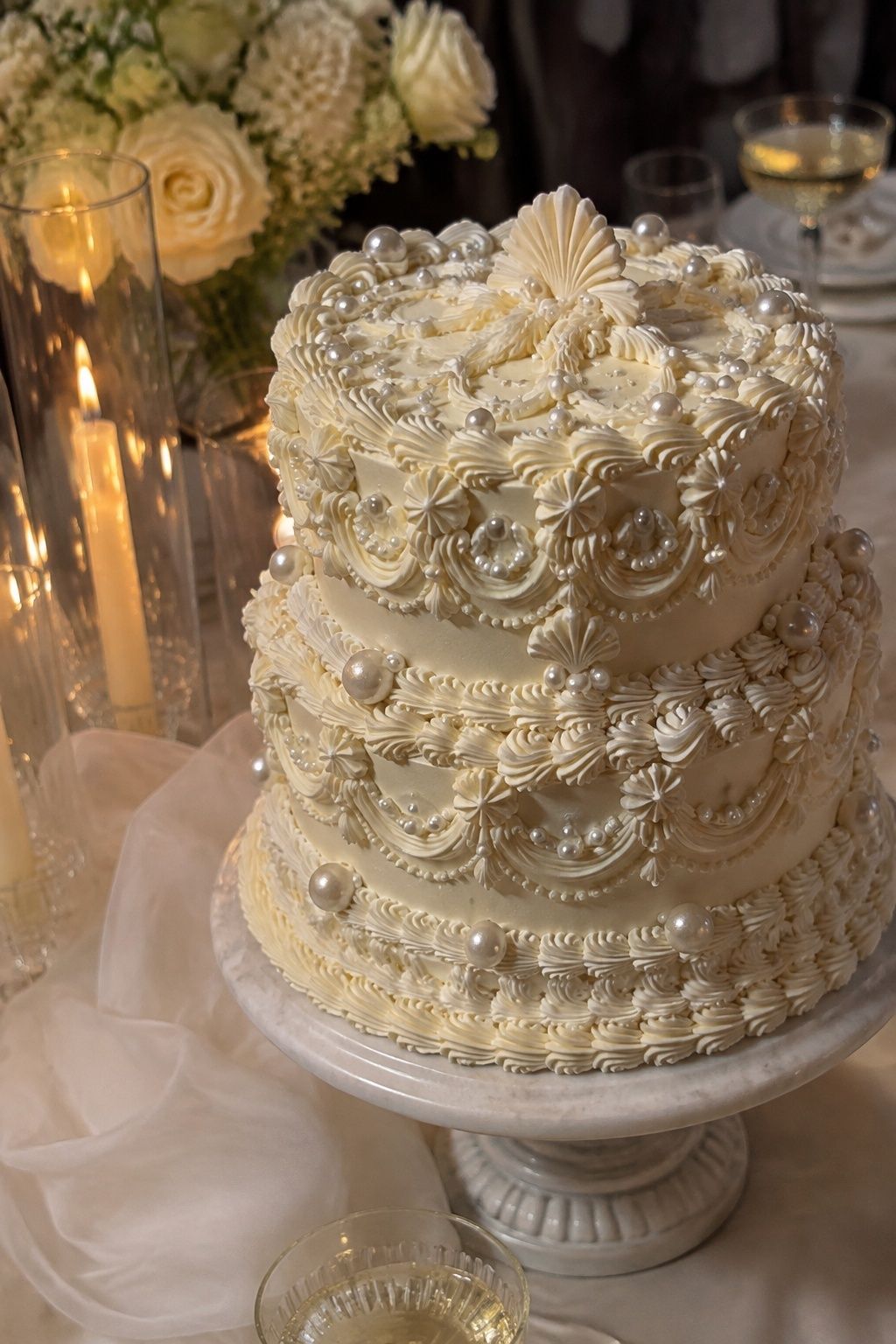 pearl-and-piping kitsch cake styled as a kitsch wedding cake idea
